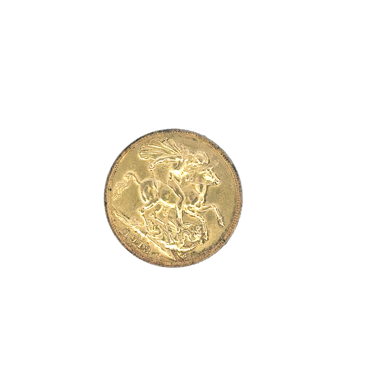 1913 Reeves and Sons 8g full sovereign coin showing detailed design and classic gold finish.