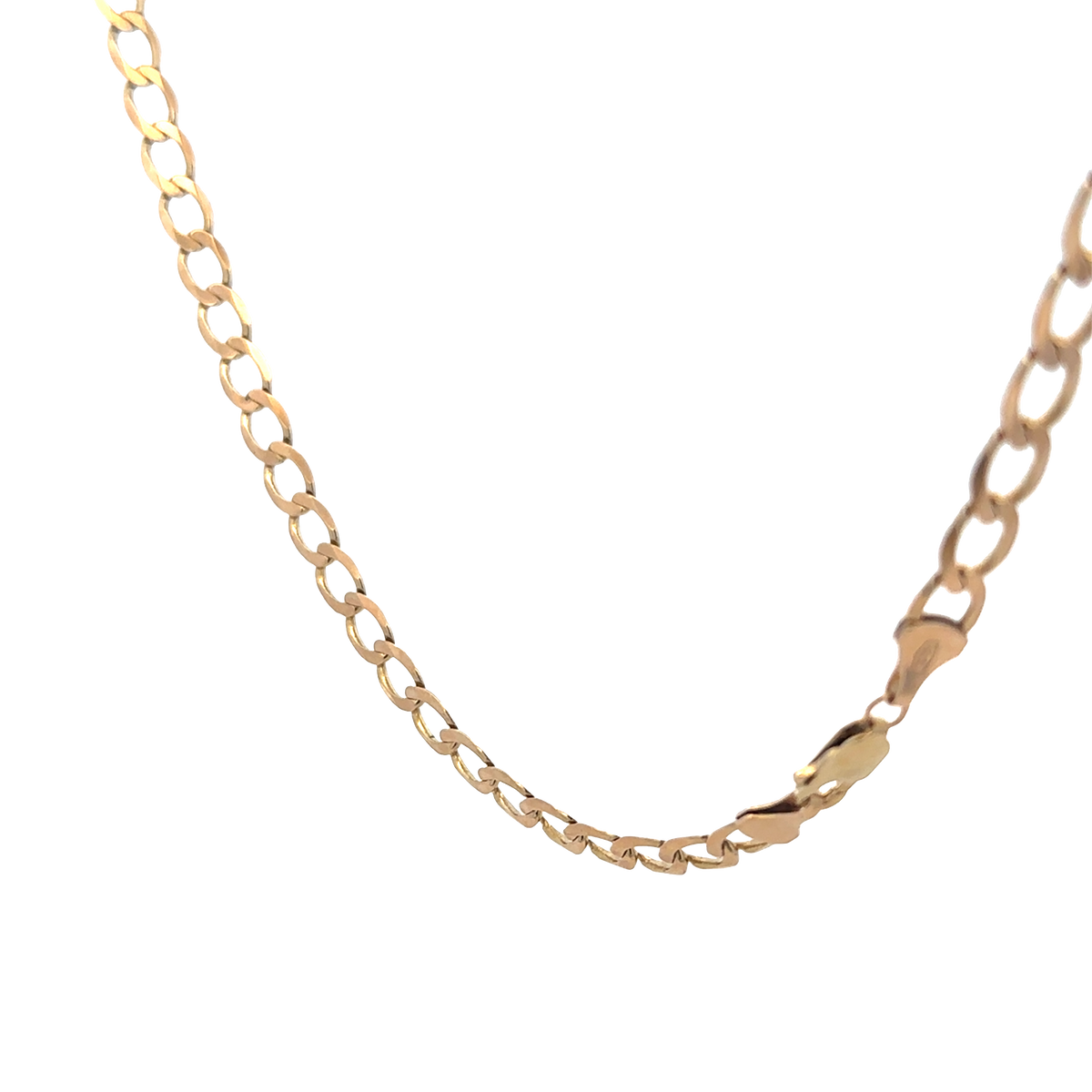 9ct yellow gold curb chain from Reeves and Sons, showing the detailed links and polished finish.