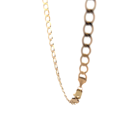 Reeves and Sons 9ct yellow gold curb chain, 15.9g, showing close-up of linked gold chain with detailed texture and shine.