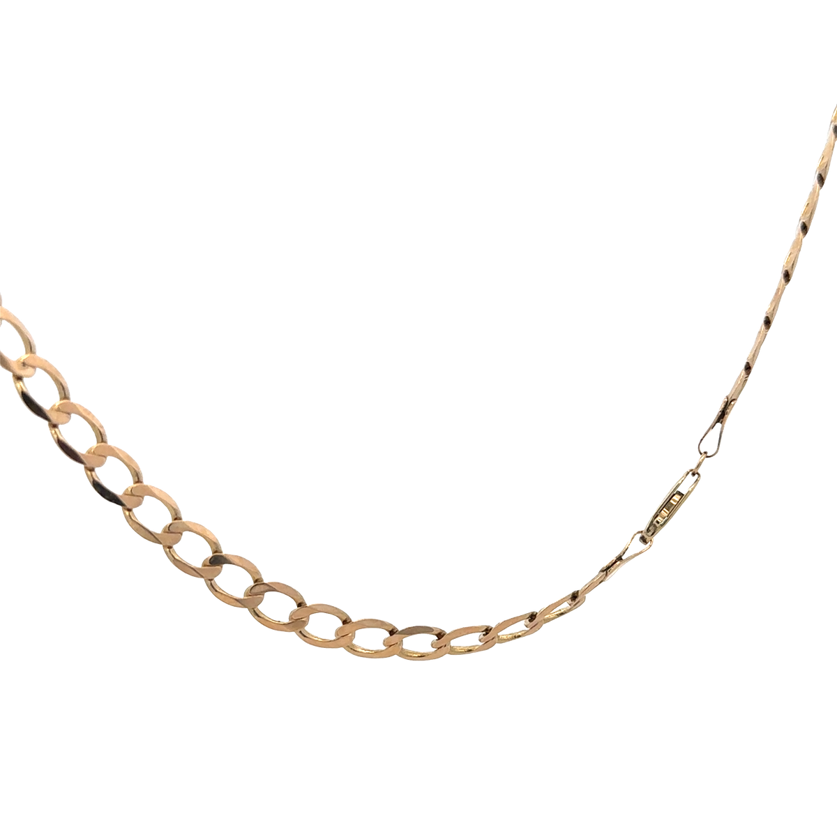 9ct yellow gold curb chain weighing 15.9g by Reeves and Sons, close-up showing detailed links and polished finish