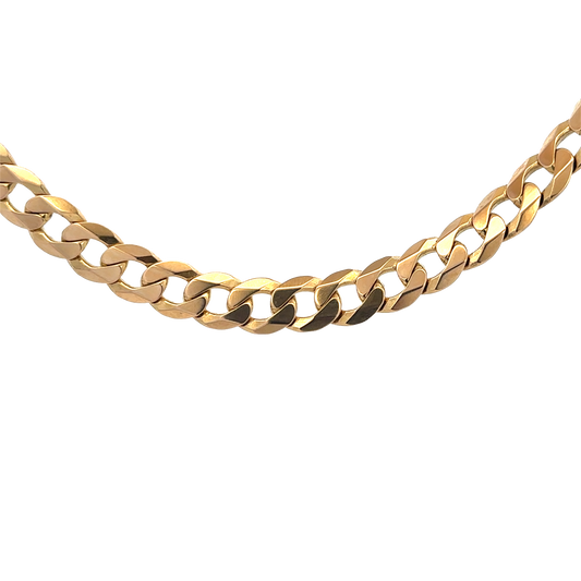 9ct yellow gold curb chain weighing 75.3g, by Reeves and Sons, displayed with close-up of linked chain design.