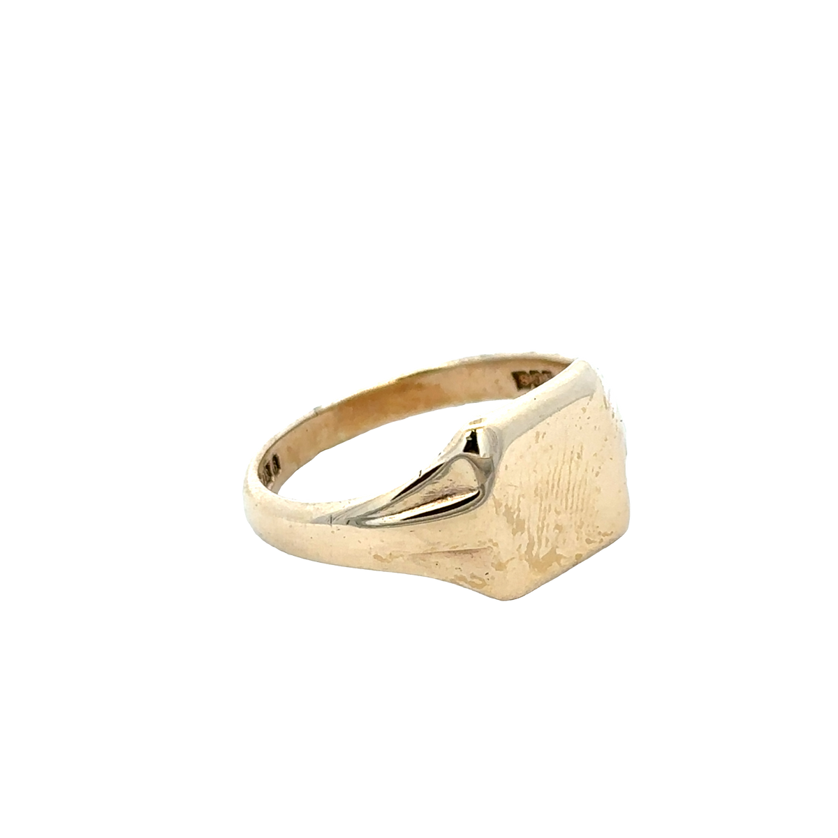 9ct yellow gold Reeves and Sons signet ring, size X, viewed from above