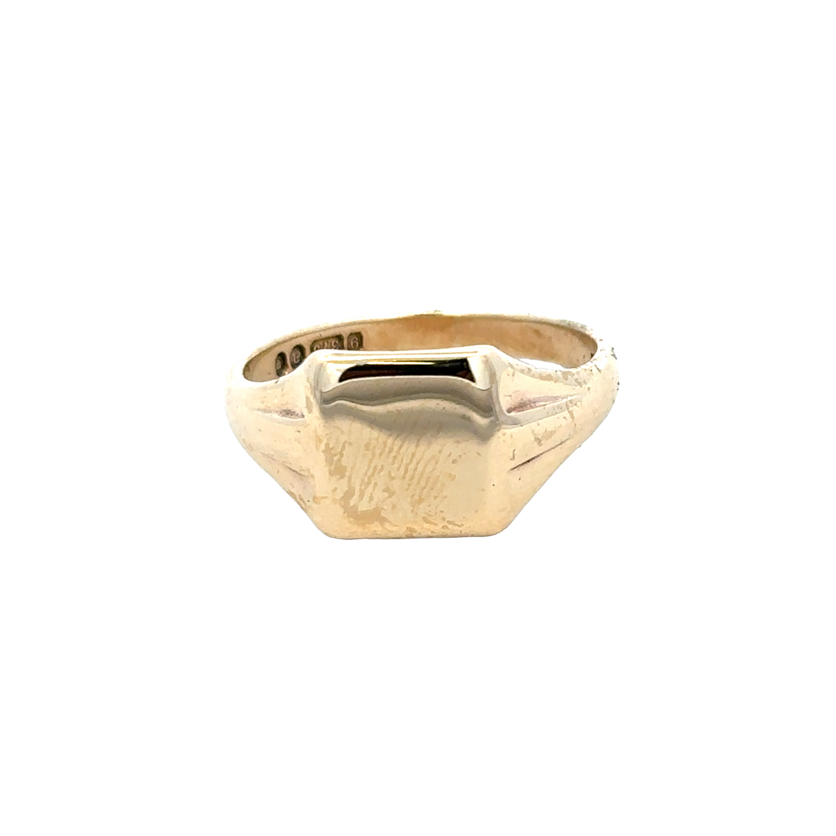 9ct yellow gold Reeves and Sons signet ring, size X, featuring a classic polished face