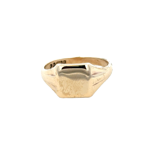9ct yellow gold Reeves and Sons signet ring, size X, featuring a classic polished face
