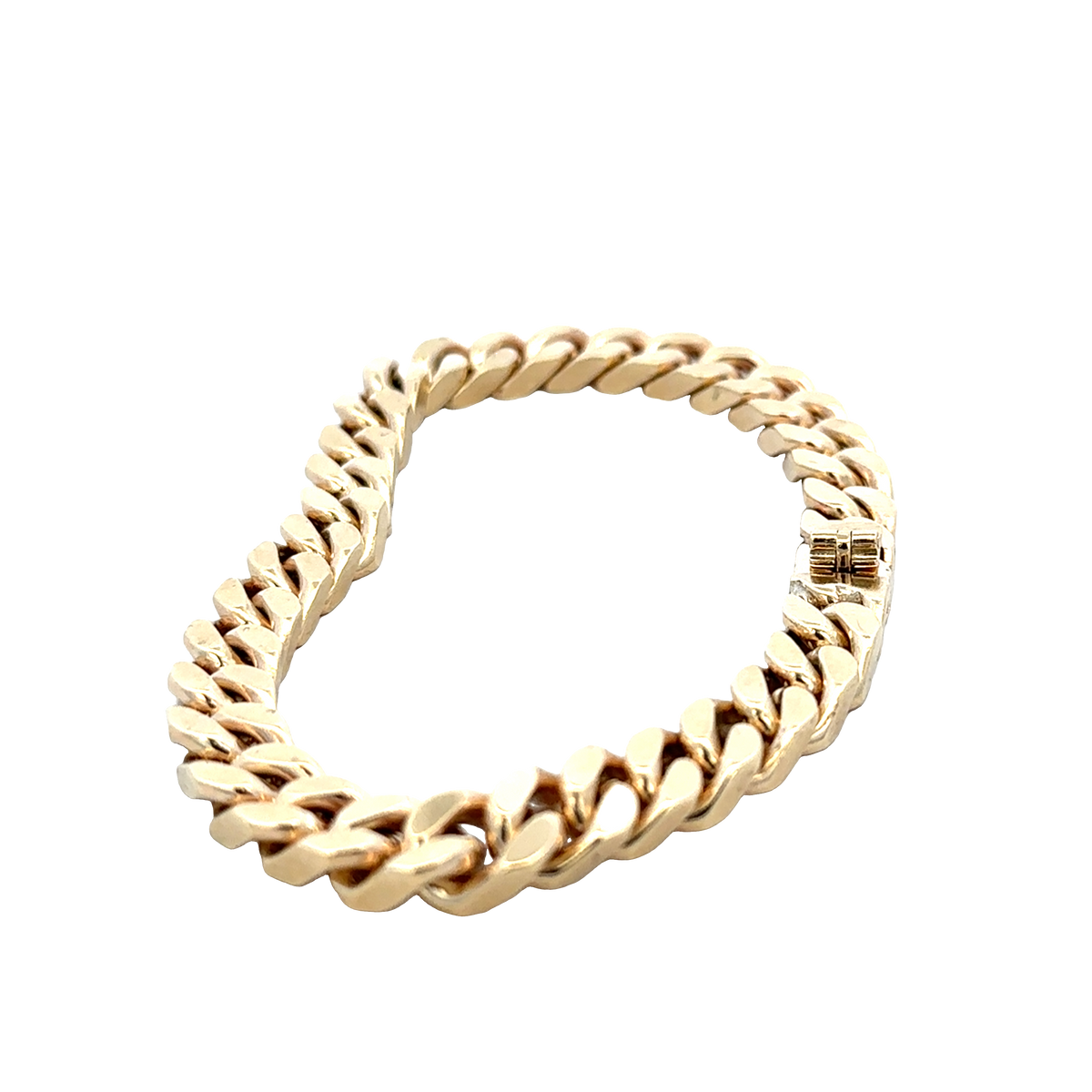 9ct yellow gold curb bracelet by Reeves and Sons, 53.4g weight, featuring polished interlocking links