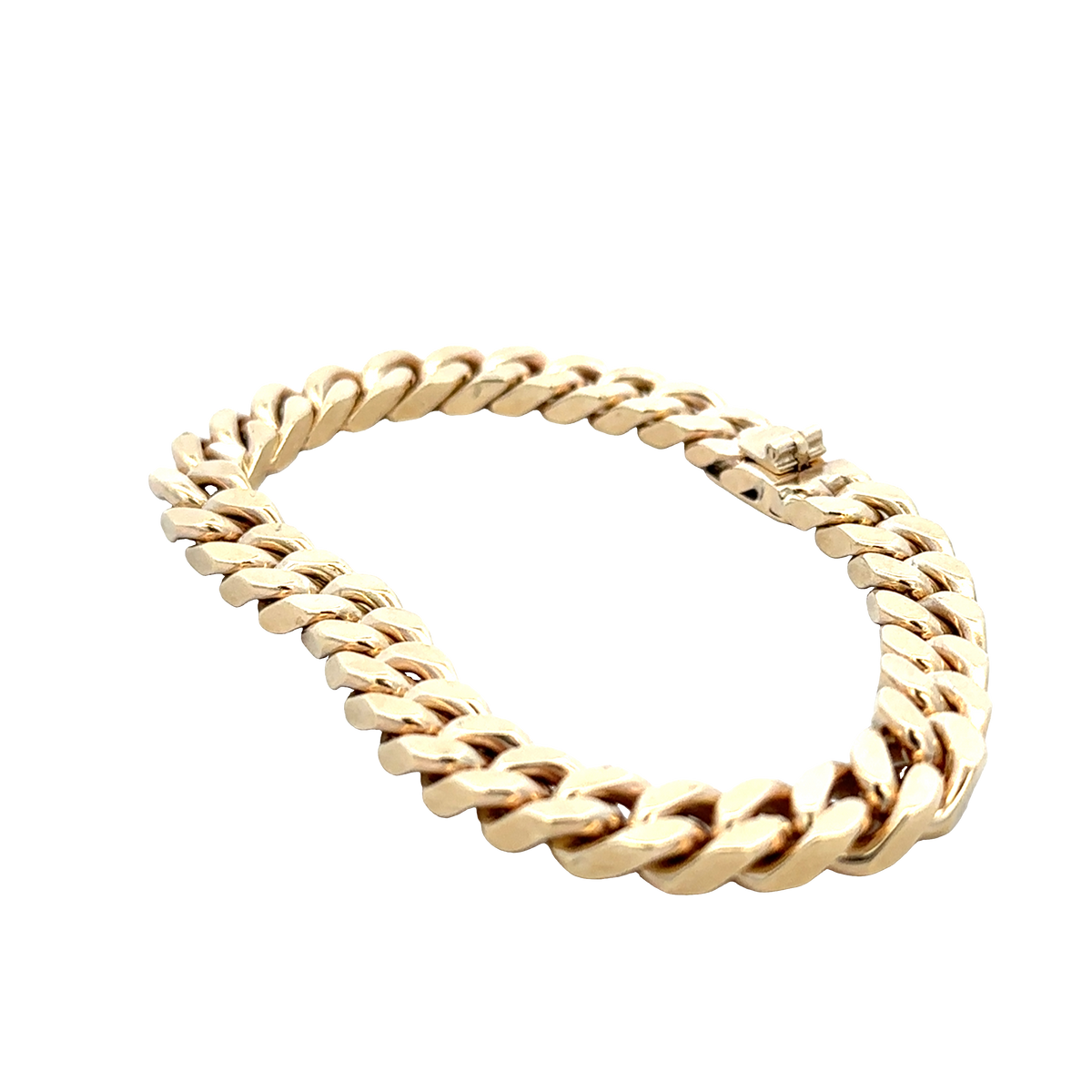 9ct yellow gold curb bracelet by Reeves and Sons, 53.4g, shown on a plain background