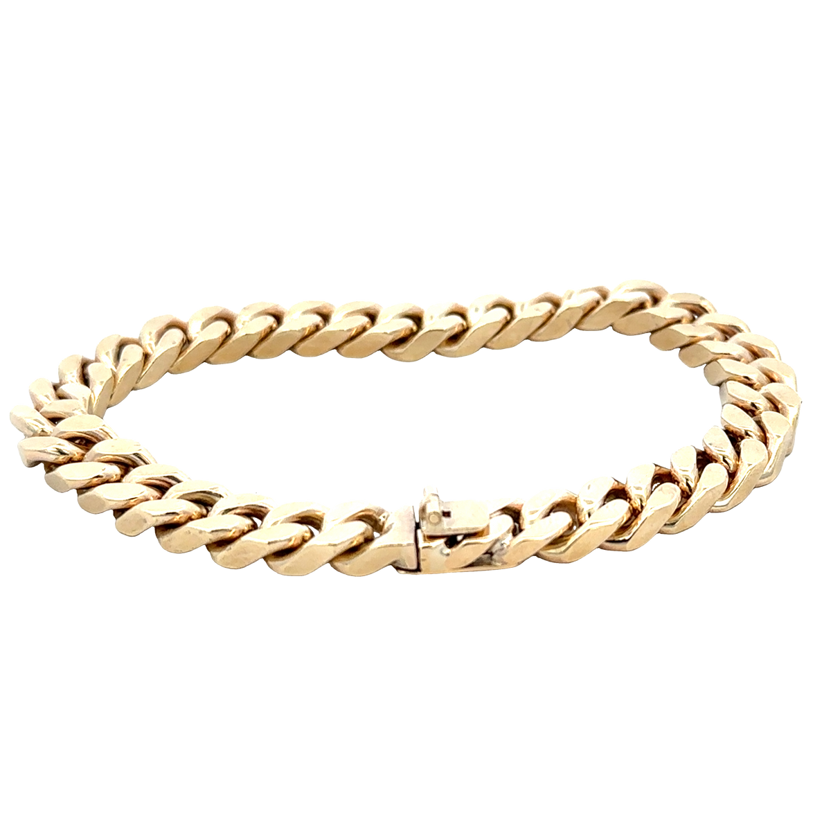 9ct yellow gold curb bracelet by Reeves and Sons, 53.4g, featuring interlocking polished links