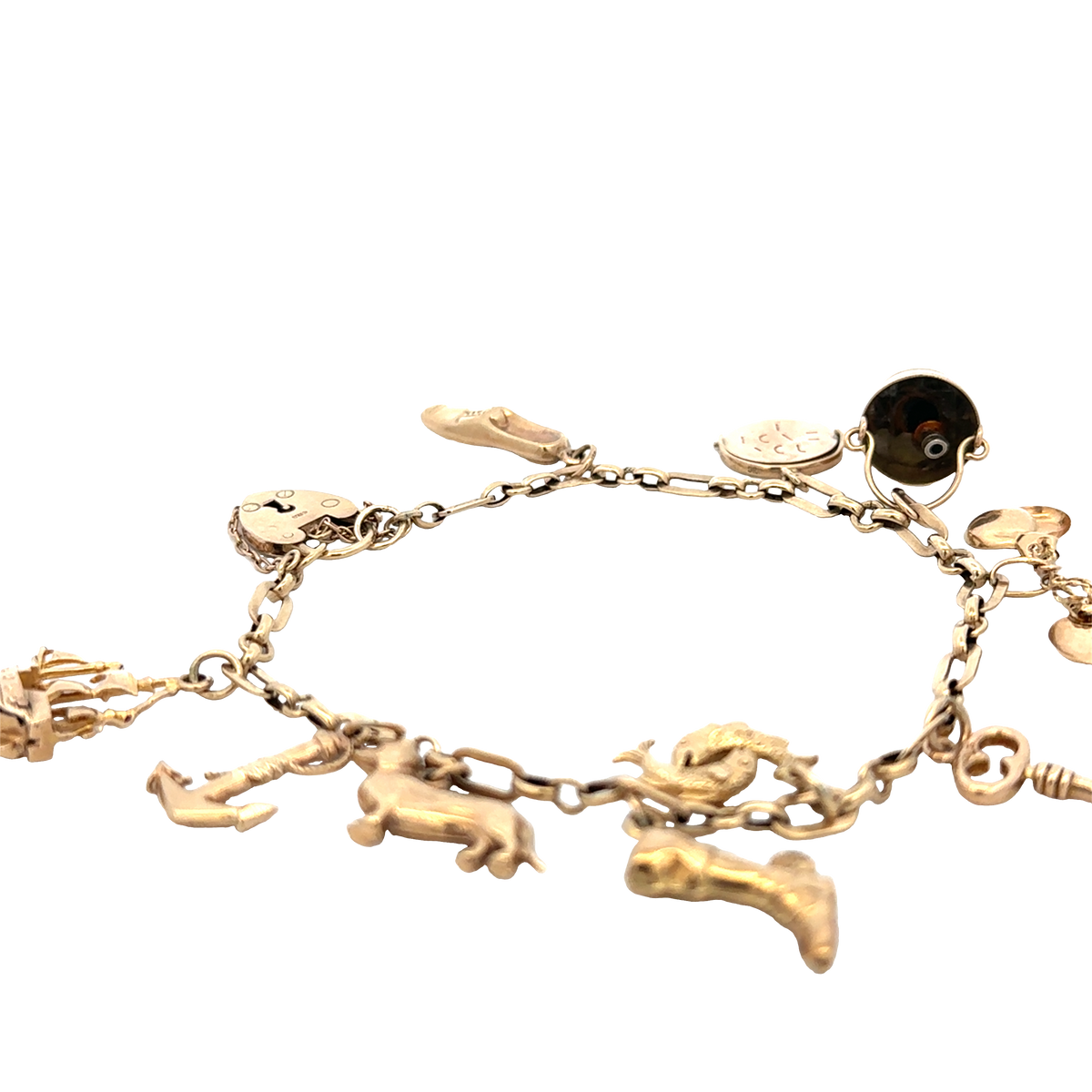 9ct yellow gold charm bracelet by Reeves and Sons, 16.3g weight