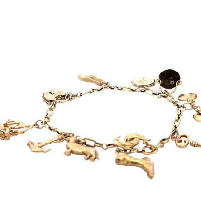 9ct yellow gold charm bracelet by Reeves and Sons, 16.3g weight