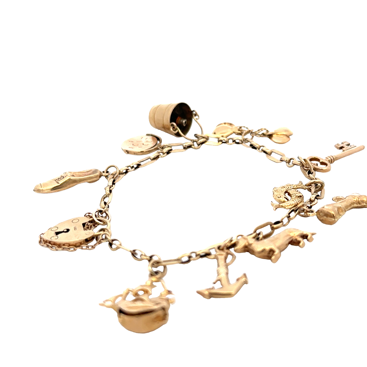 9ct yellow gold charm bracelet by Reeves and Sons, 16.3g, featuring multiple dangling charms