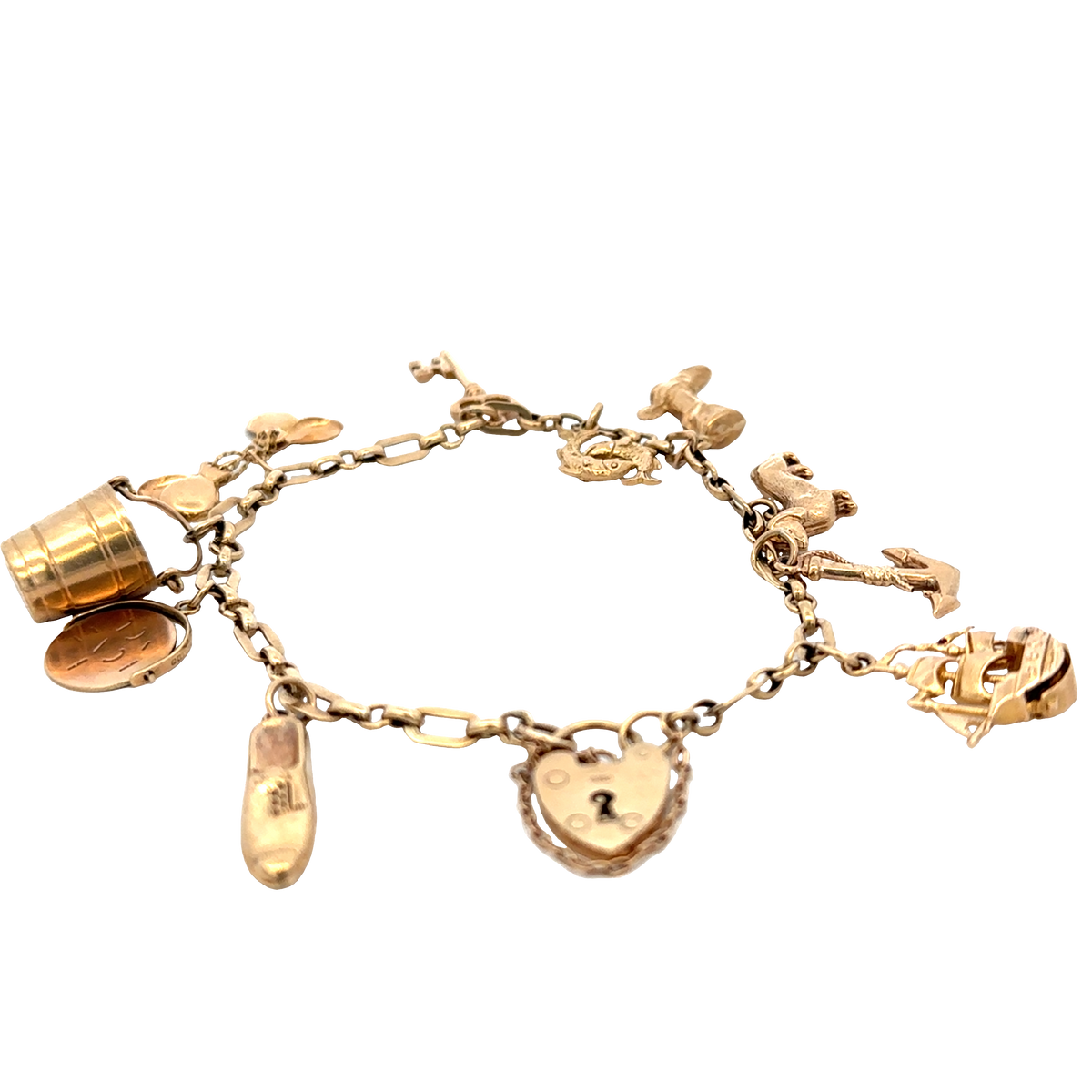 9ct yellow gold charm bracelet by Reeves and Sons, 16.3g; assorted charms on a linked chain
