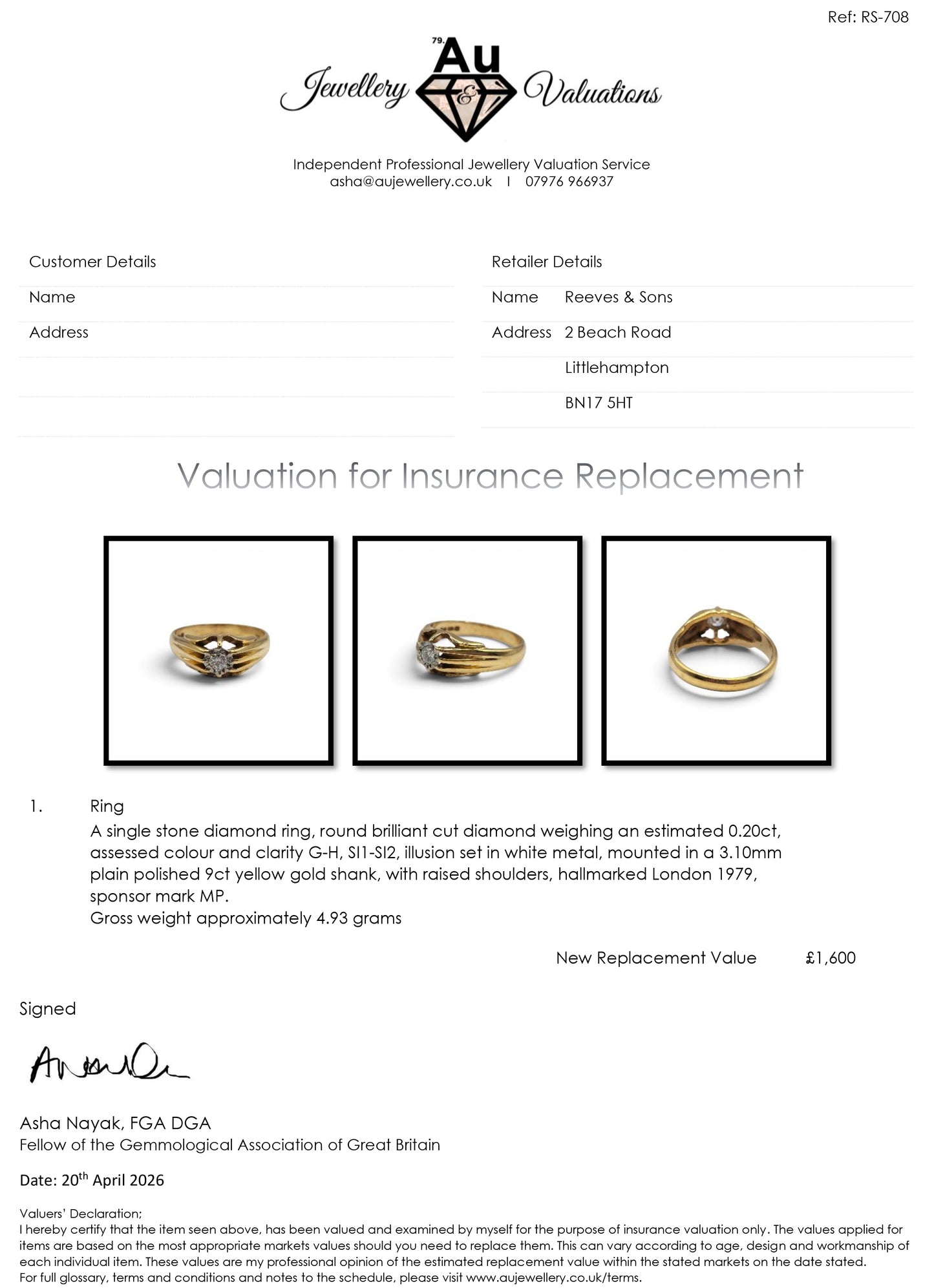 9ct yellow gold diamond ring from Reeves and Sons, featuring a sparkling central diamond and elegant band design.