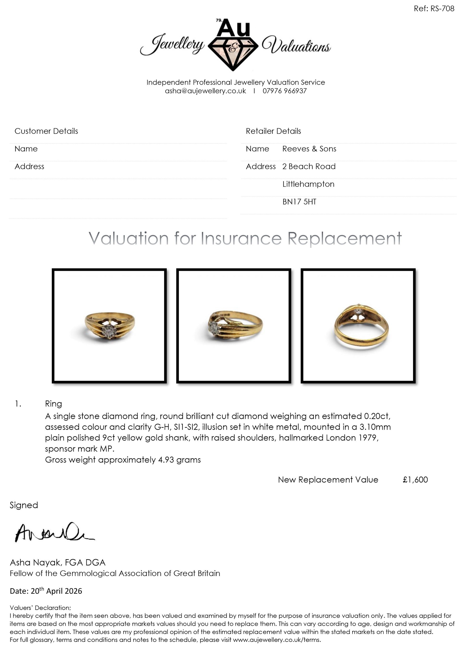 9ct yellow gold diamond ring from Reeves and Sons, featuring a sparkling central diamond and elegant band design.