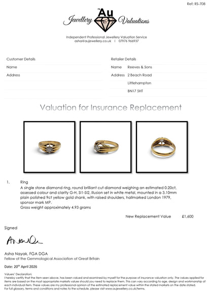 9ct yellow gold diamond ring from Reeves and Sons, featuring a sparkling central diamond and elegant band design.