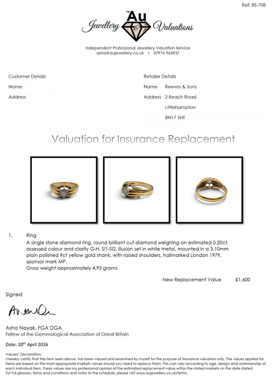 9ct yellow gold diamond ring from Reeves and Sons, featuring a sparkling central diamond and elegant band design.