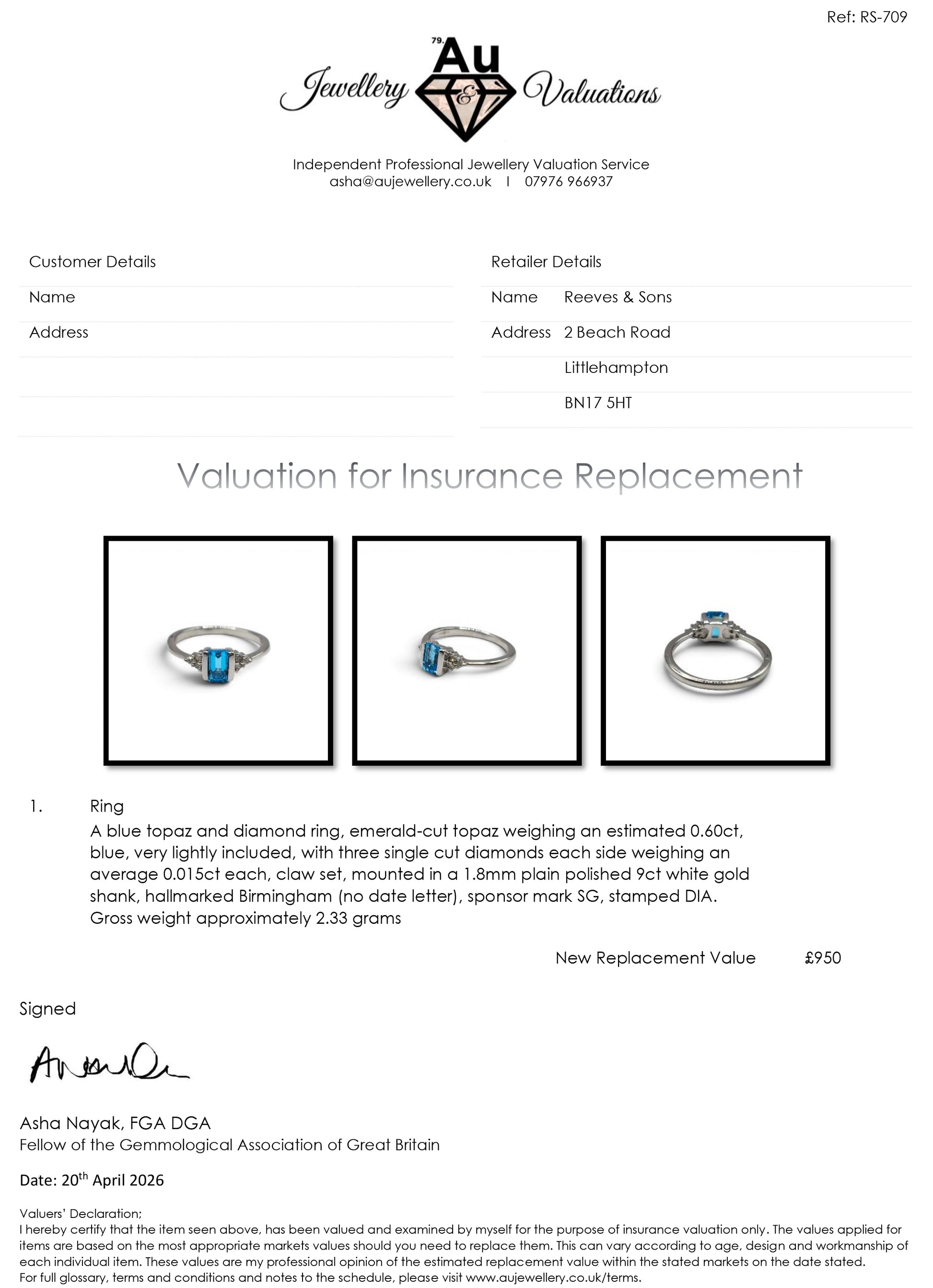 9ct white gold topaz and diamond ring with intricate band design, crafted by Reeves and Sons.