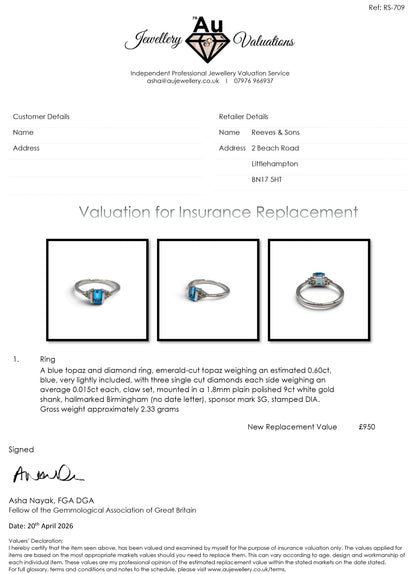 9ct white gold topaz and diamond ring with intricate band design, crafted by Reeves and Sons.