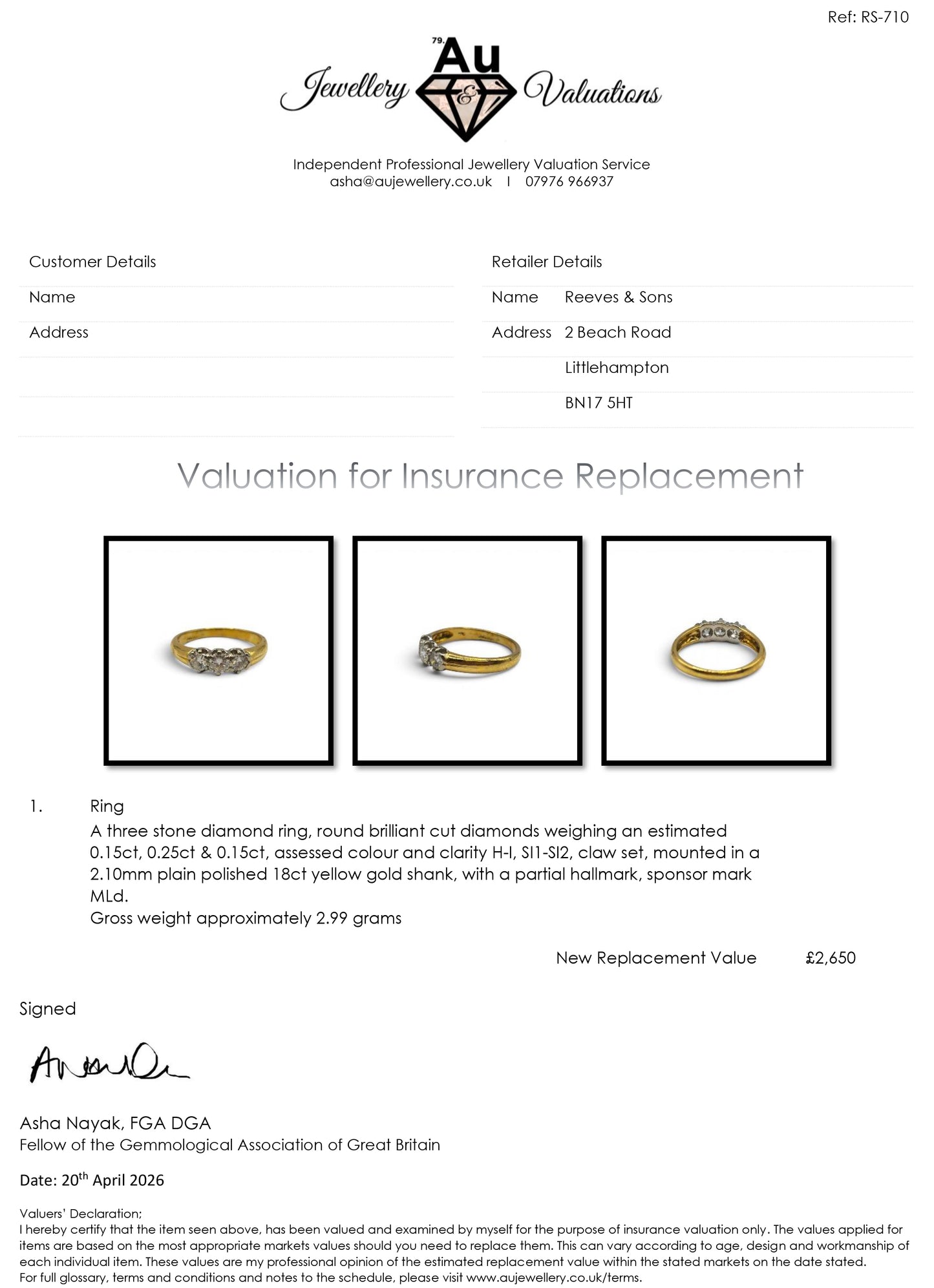 18ct yellow gold three-stone diamond ring by Reeves and Sons, showcasing sparkling diamonds and elegant design.