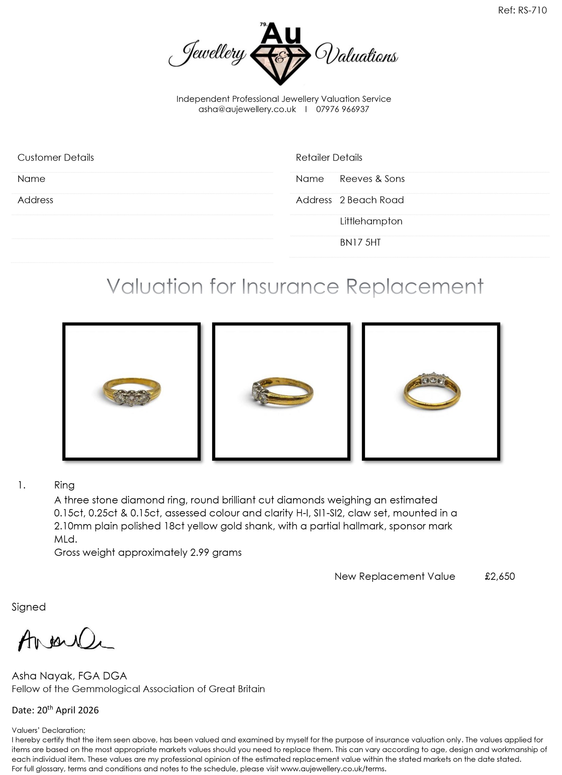 18ct yellow gold three-stone diamond ring by Reeves and Sons, showcasing sparkling diamonds and elegant design.