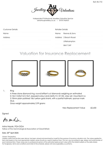 18ct yellow gold three-stone diamond ring by Reeves and Sons, showcasing sparkling diamonds and elegant design.