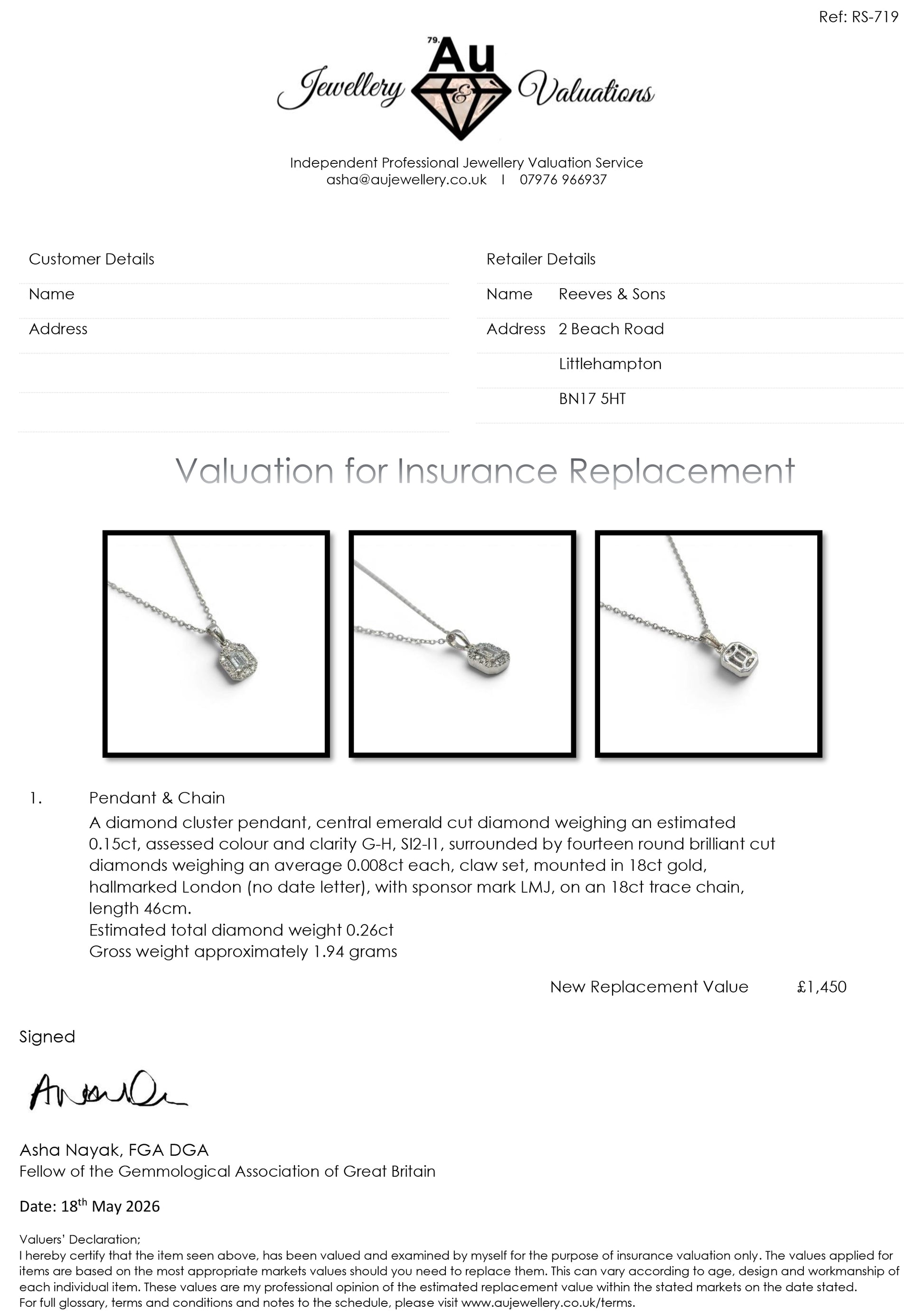 18ct white gold diamond cluster pendant by Reeves and Sons, featuring a sparkling diamond design.