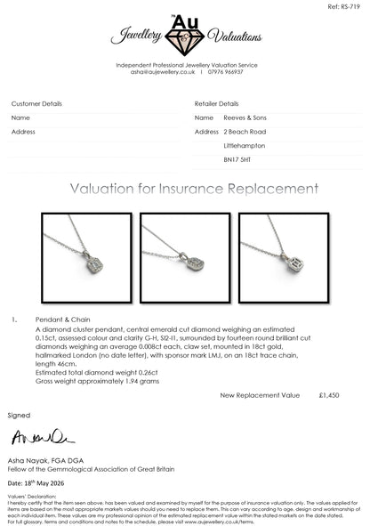18ct white gold diamond cluster pendant by Reeves and Sons, featuring a sparkling diamond design.