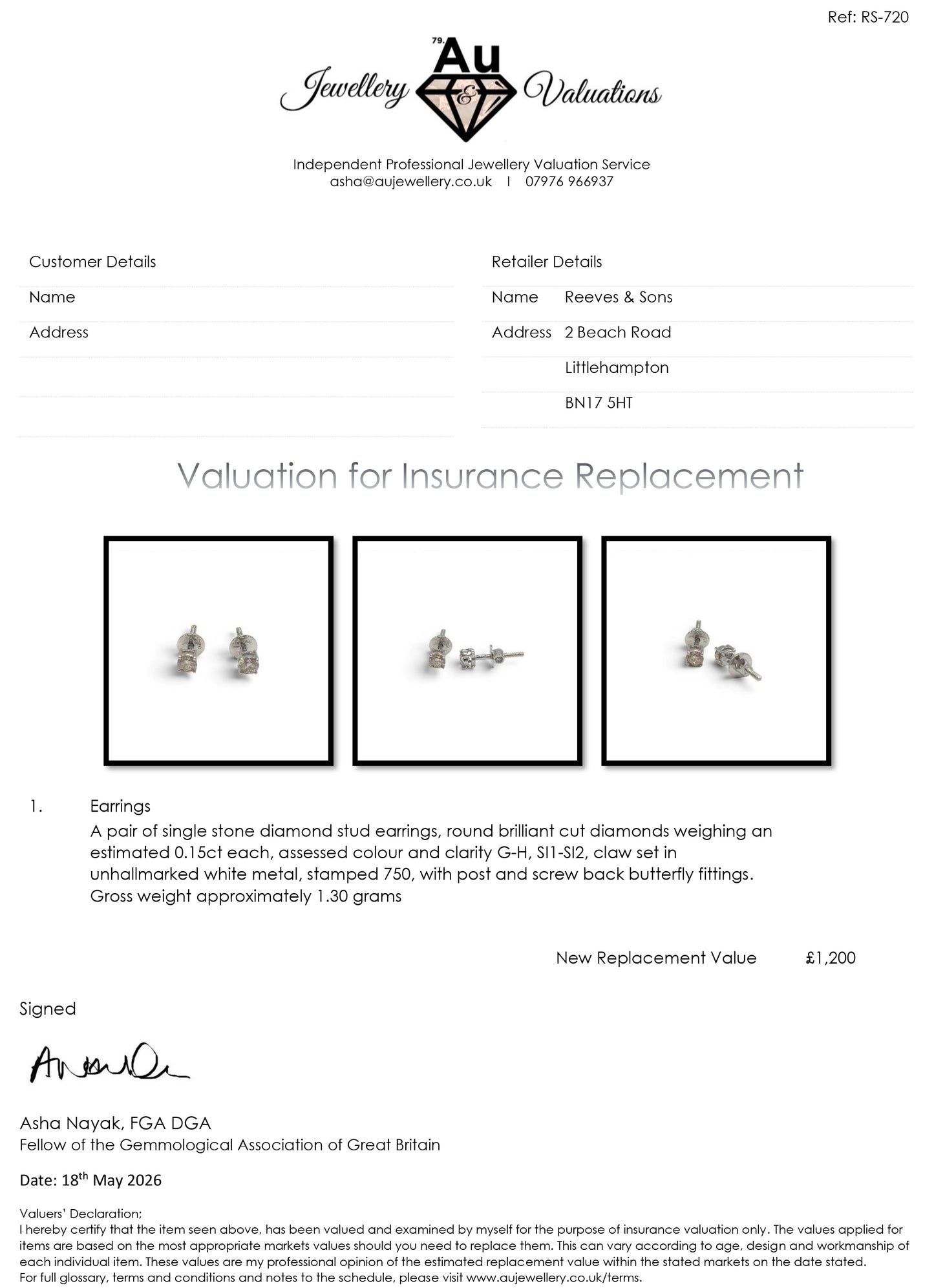 18ct white gold diamond stud earrings by Reeves and Sons, sparkling diamond studs with a classic design.