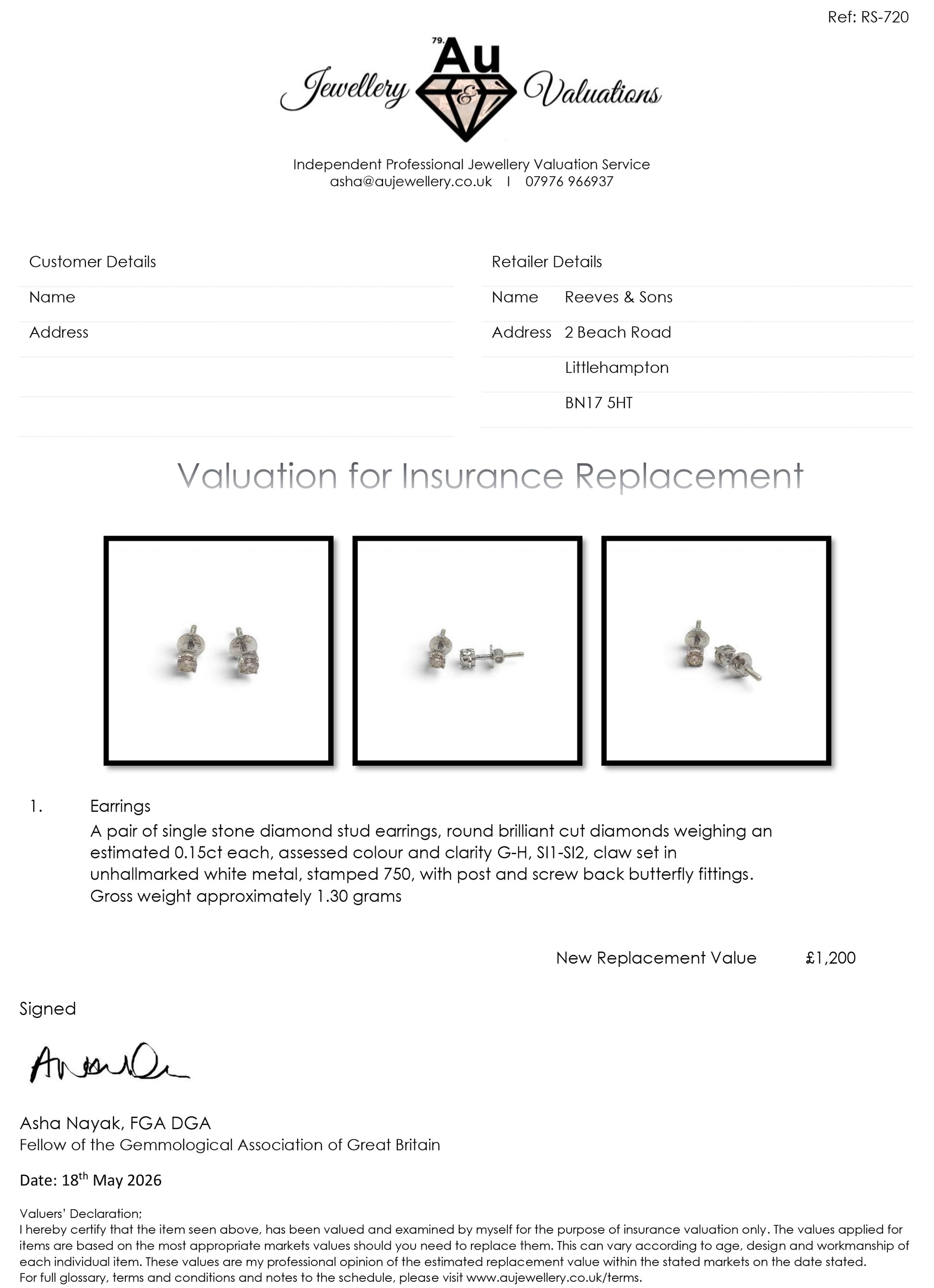 18ct white gold diamond stud earrings by Reeves and Sons, sparkling diamond studs with a classic design.