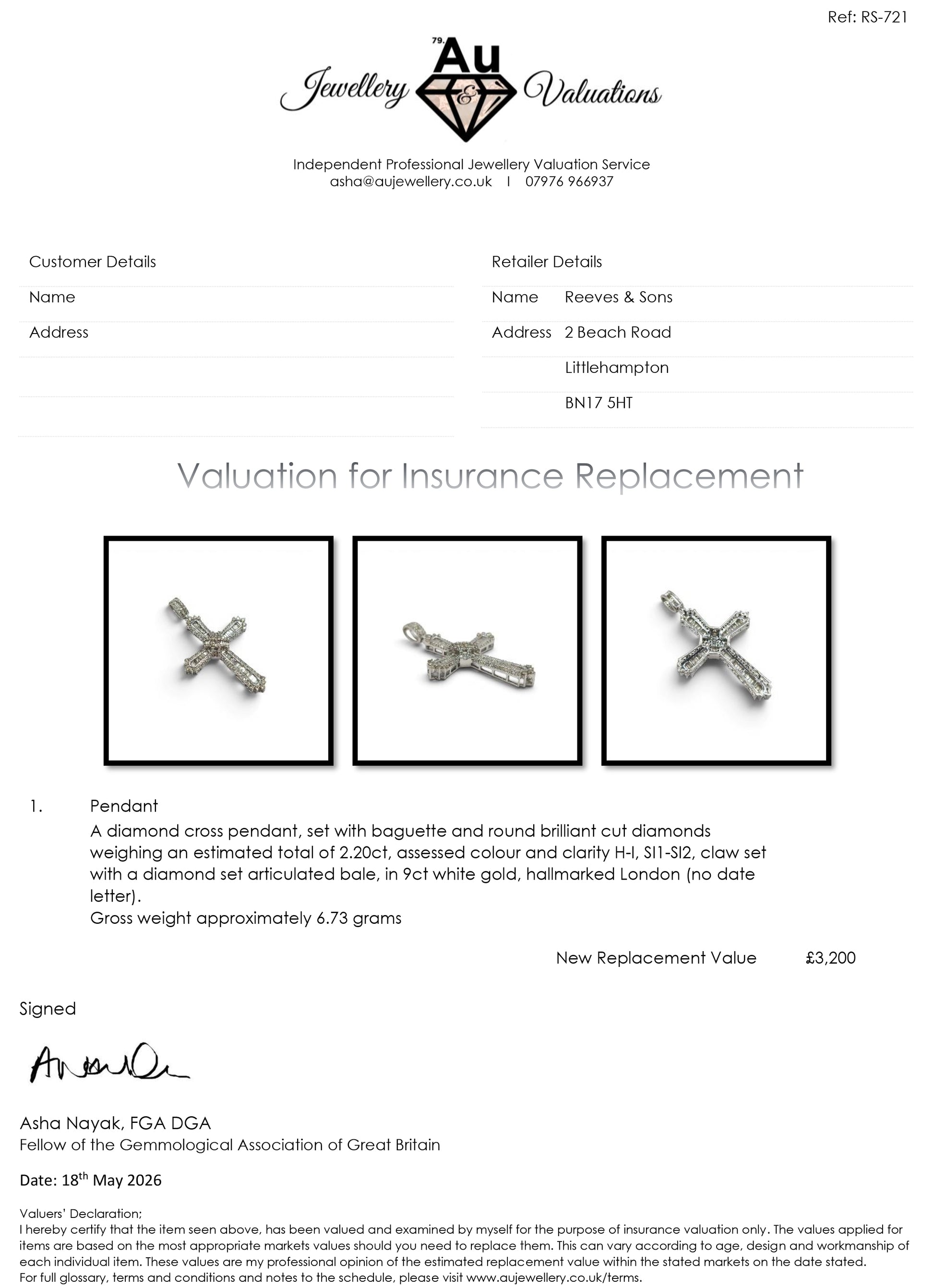9ct white gold diamond cross pendant with sparkling diamonds, crafted by Reeves and Sons, shown on a white background.