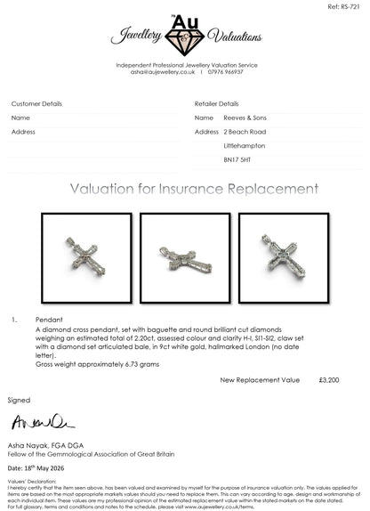 9ct white gold diamond cross pendant with sparkling diamonds, crafted by Reeves and Sons, shown on a white background.