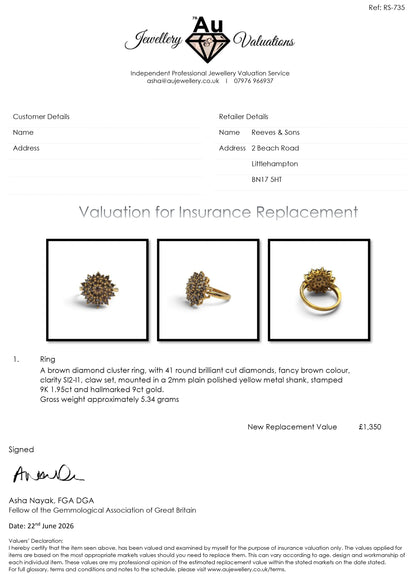 9ct yellow gold diamond cluster ring by Reeves and Sons featuring a sparkling diamond centerpiece and elegant gold band