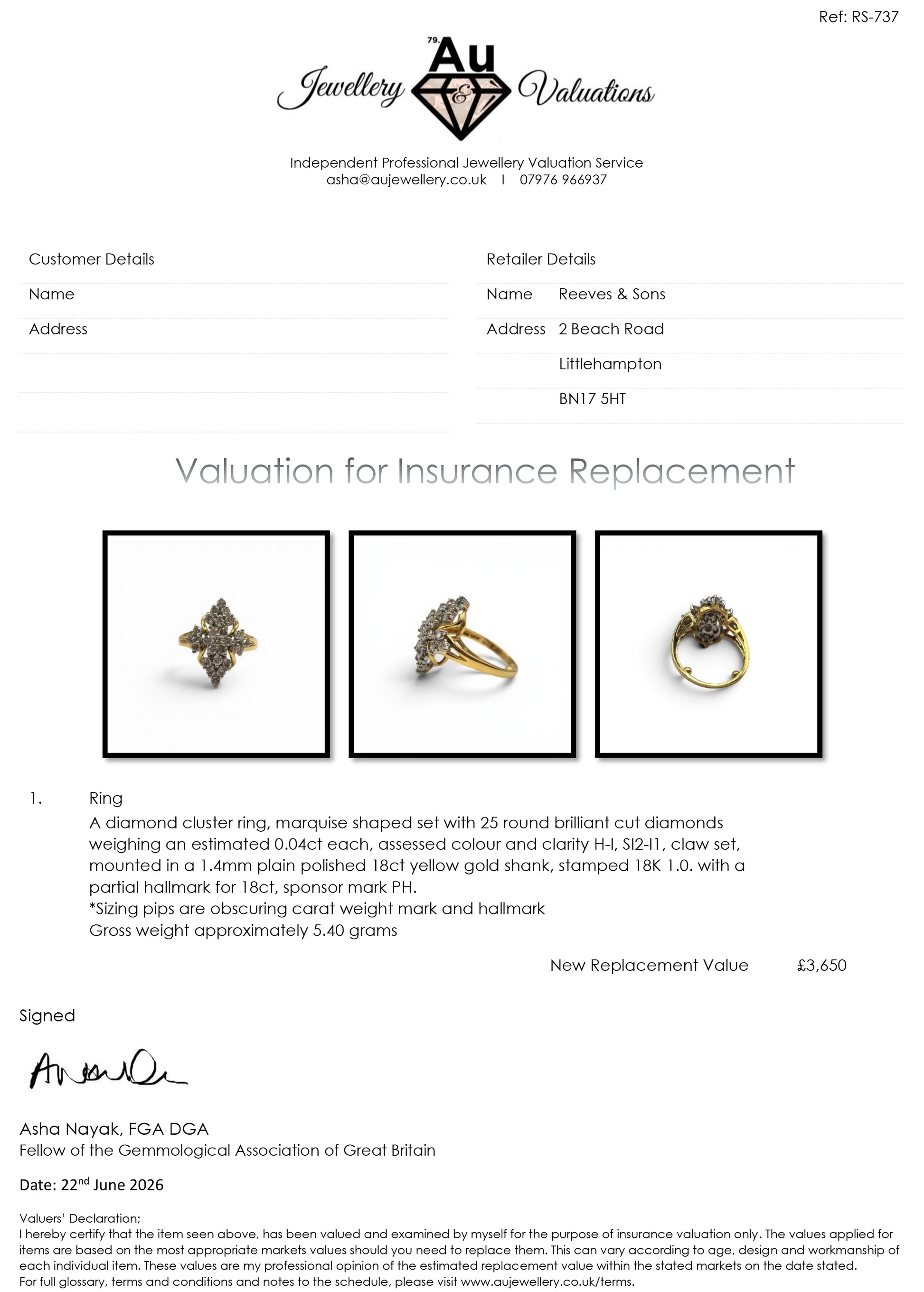 18ct yellow gold diamond ring by Reeves and Sons, featuring a sparkling diamond centerpiece and elegant design.