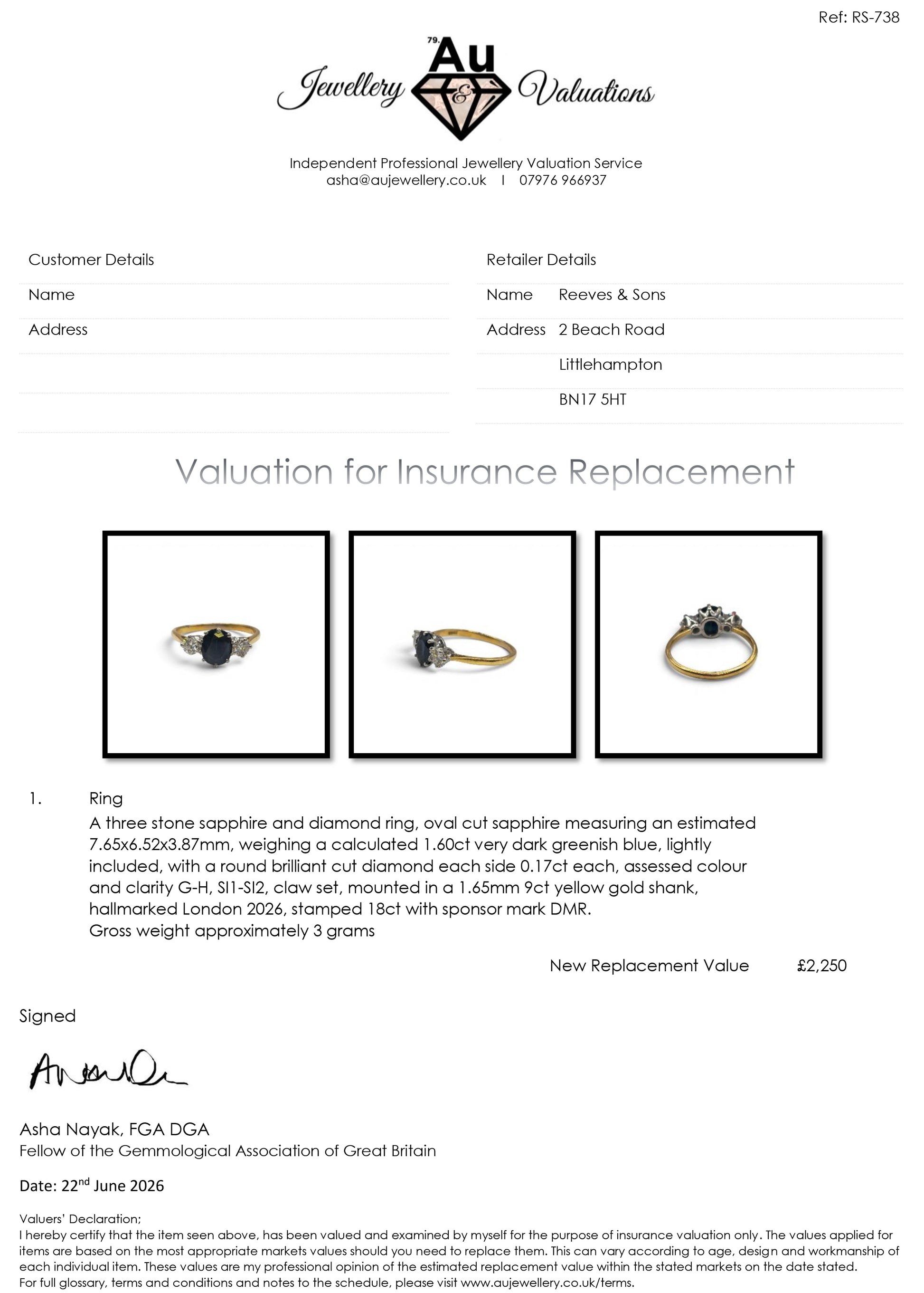 9ct yellow gold sapphire and diamond ring by Reeves and Sons, featuring a central sapphire gemstone with diamond accents.
