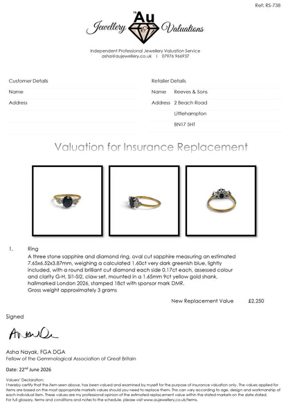 9ct yellow gold sapphire and diamond ring by Reeves and Sons, featuring a central sapphire gemstone with diamond accents.