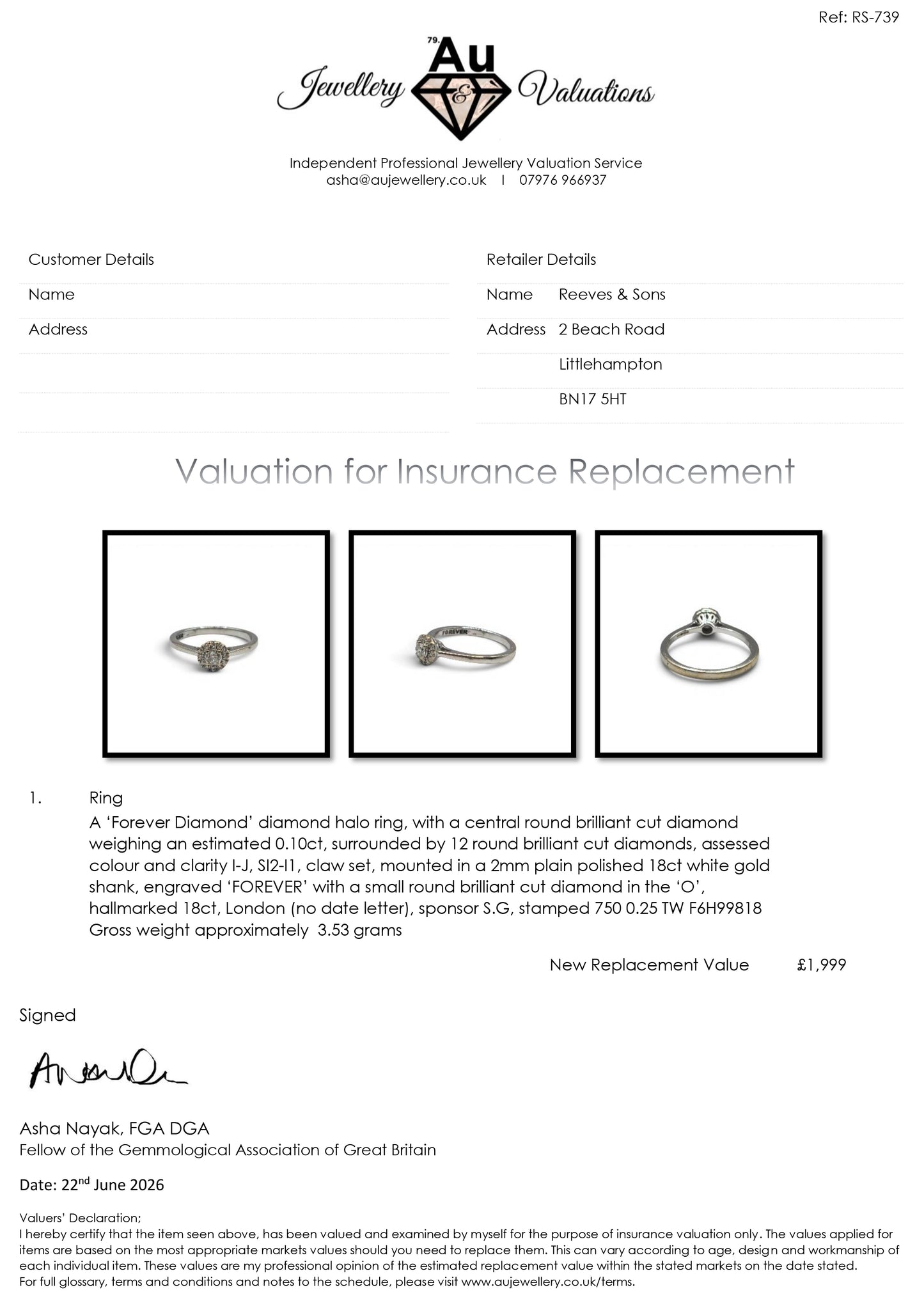 18ct white gold diamond ring by Reeves and Sons, featuring sparkling diamonds and a sleek, elegant design.