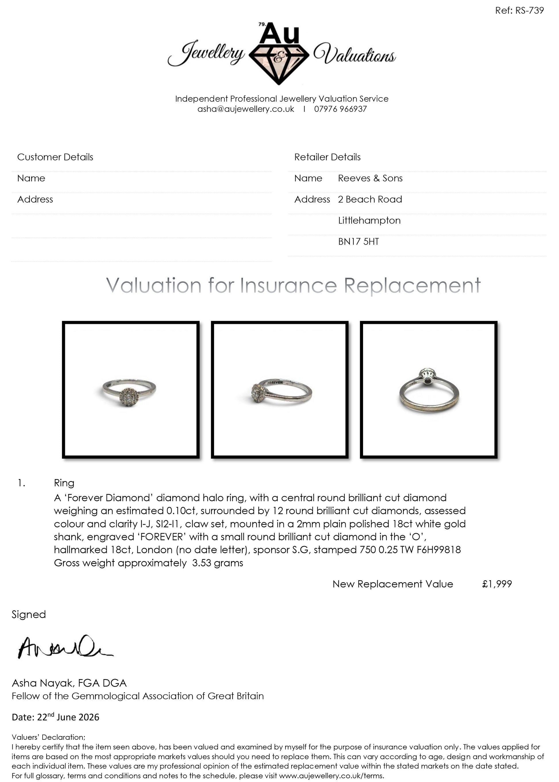18ct white gold diamond ring by Reeves and Sons, featuring sparkling diamonds and a sleek, elegant design.