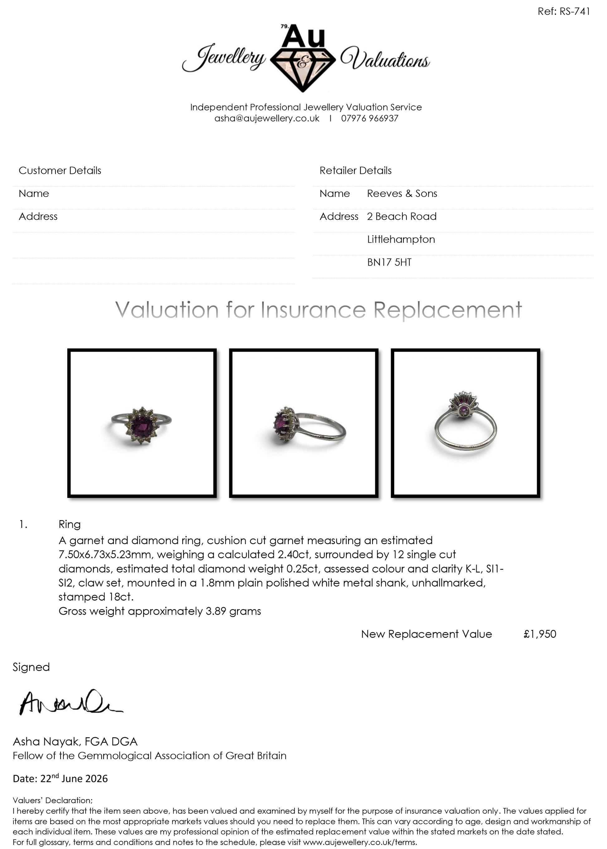 18ct white gold garnet and diamond ring by Reeves and Sons, featuring a central garnet stone surrounded by sparkling diamonds.