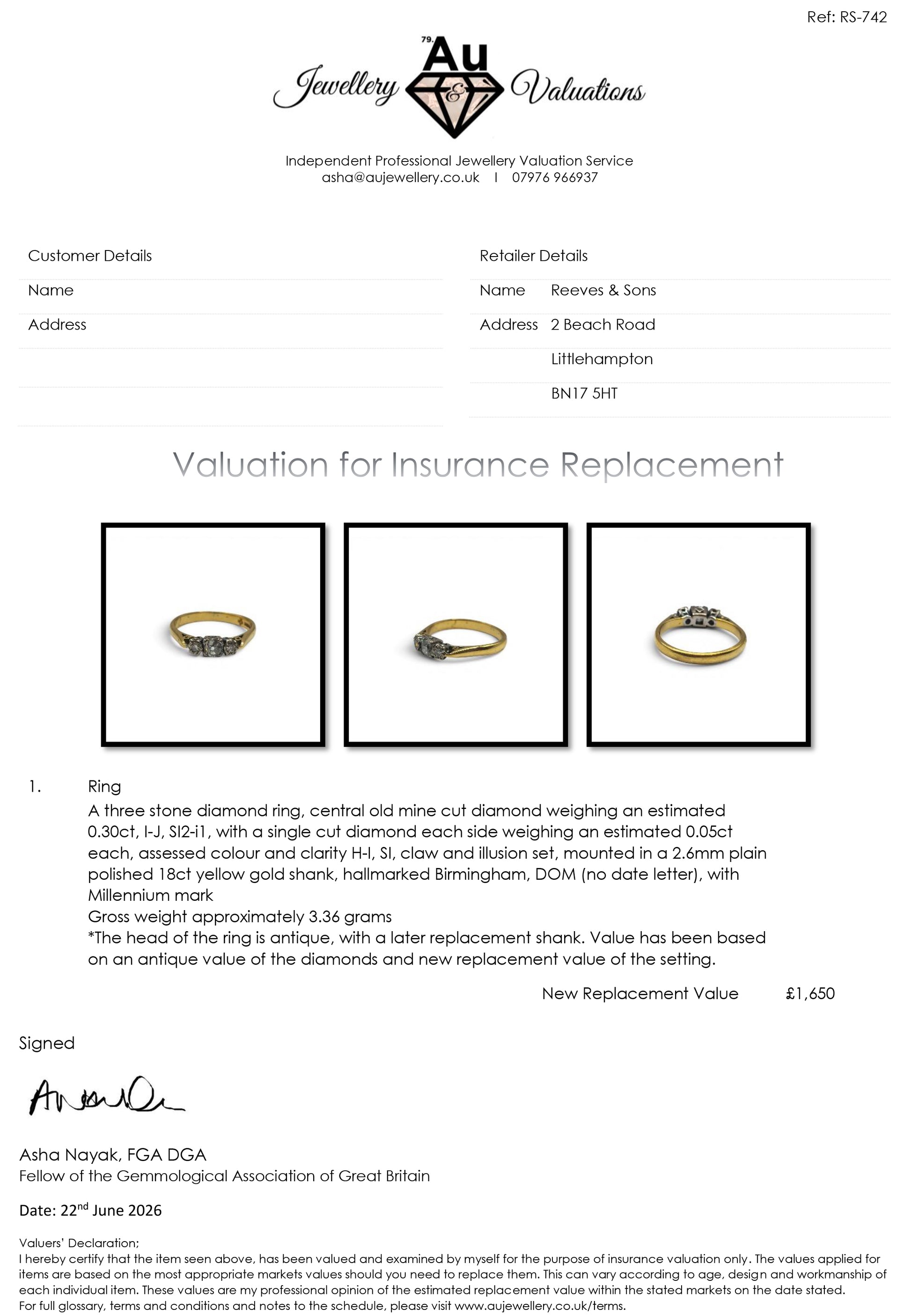 18ct yellow gold diamond ring by Reeves and Sons, featuring a sparkling diamond centerpiece and elegant design.