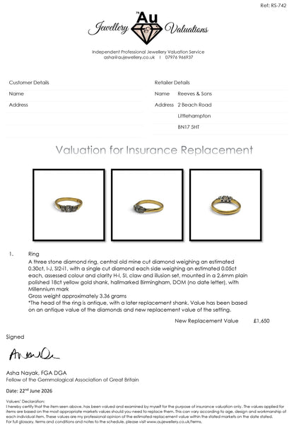 18ct yellow gold diamond ring by Reeves and Sons, featuring a sparkling diamond centerpiece and elegant design.