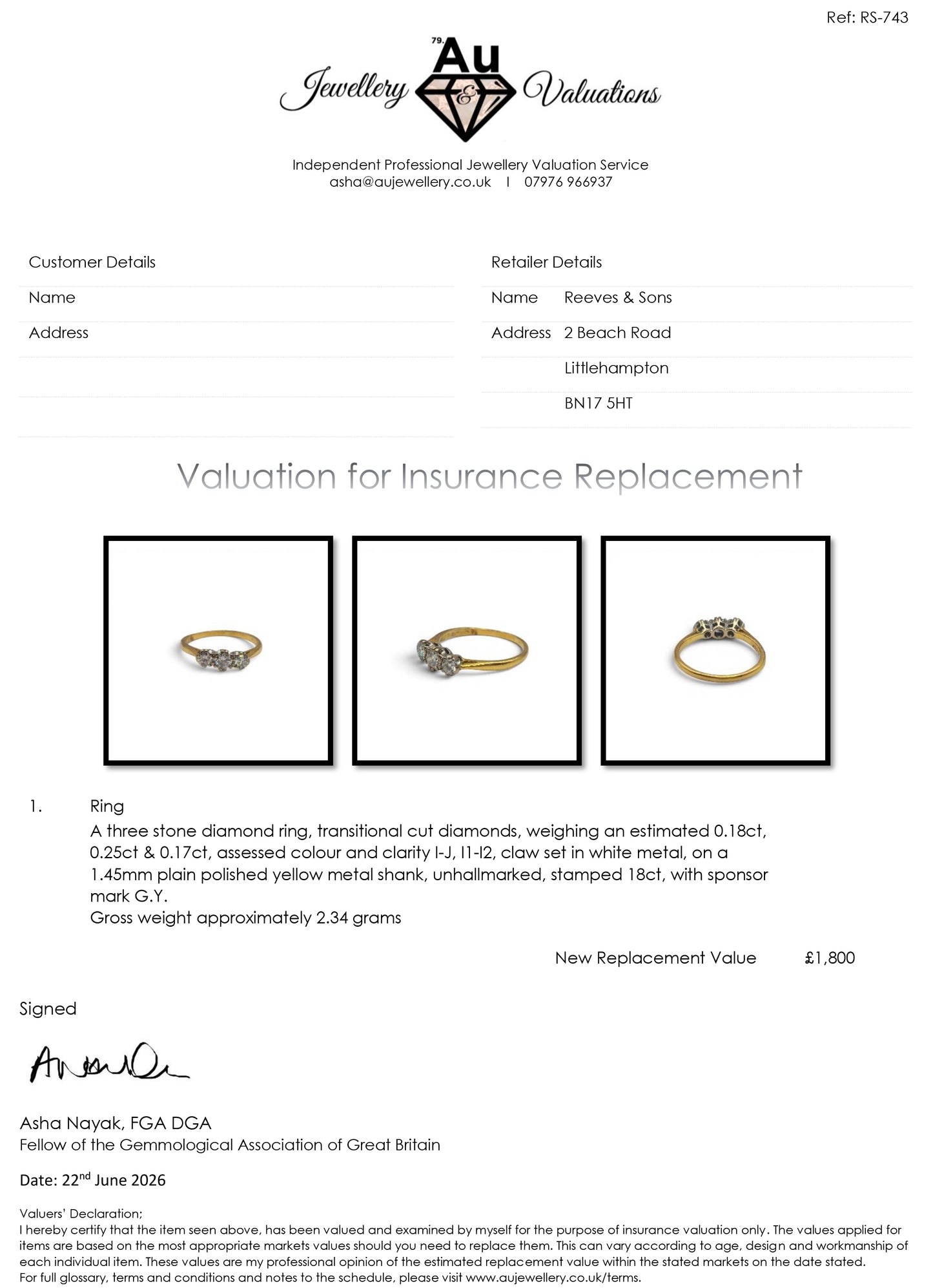 18ct yellow gold three-stone diamond ring by Reeves and Sons, featuring sparkling diamonds and elegant design.