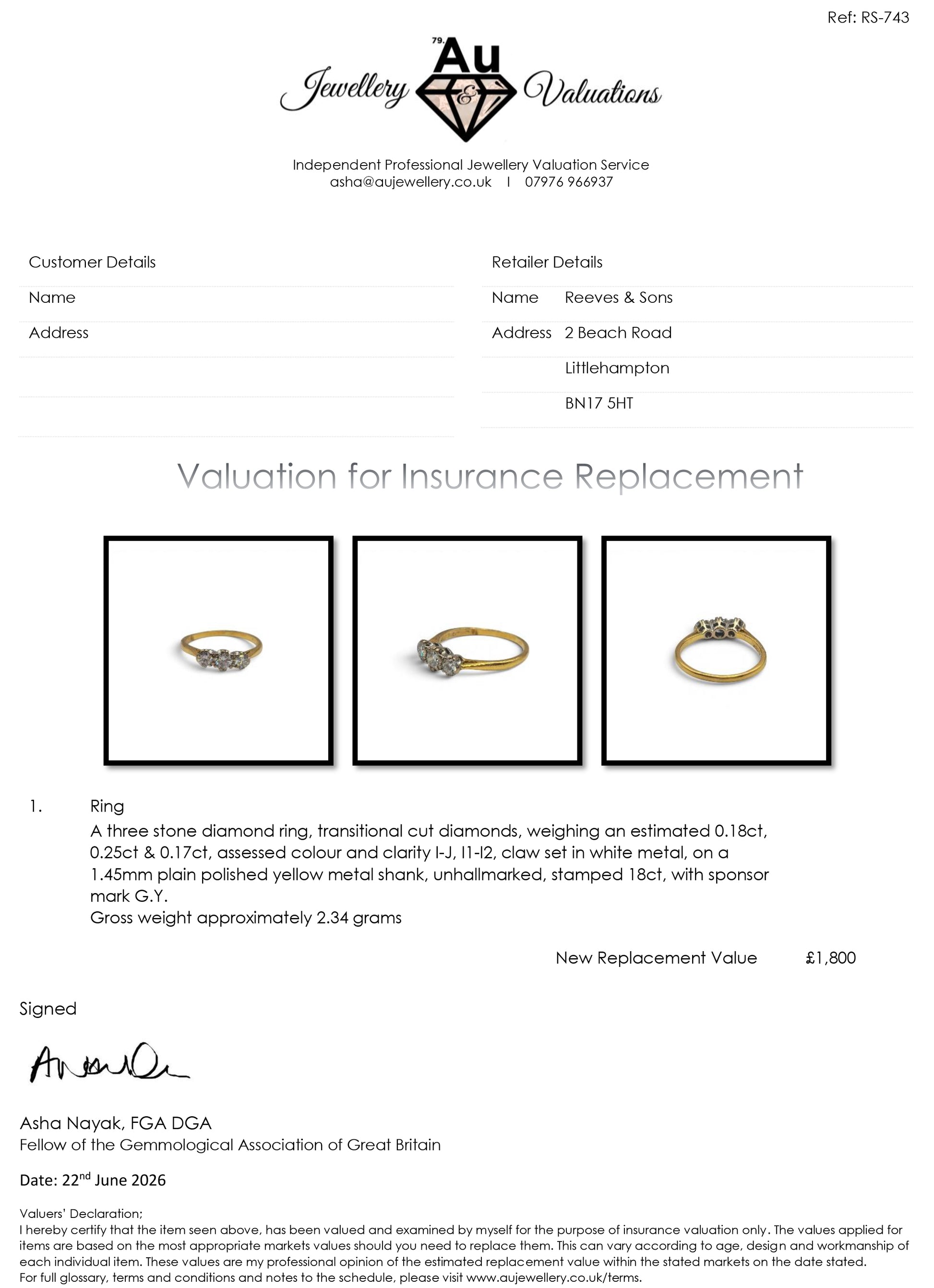18ct yellow gold three-stone diamond ring by Reeves and Sons, featuring sparkling diamonds and elegant design.