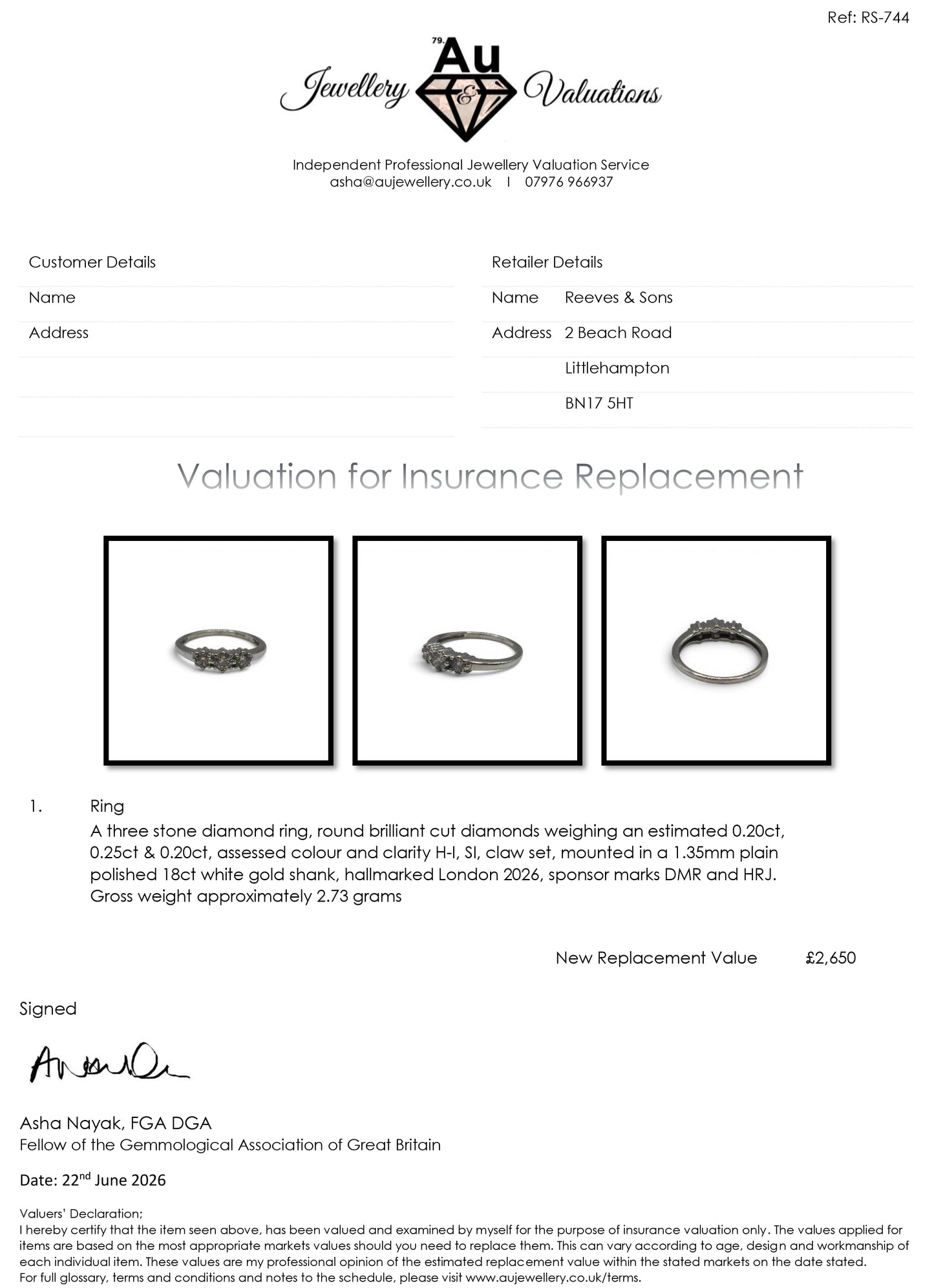 18ct white gold diamond ring by Reeves and Sons featuring sparkling diamonds and a sleek band design.