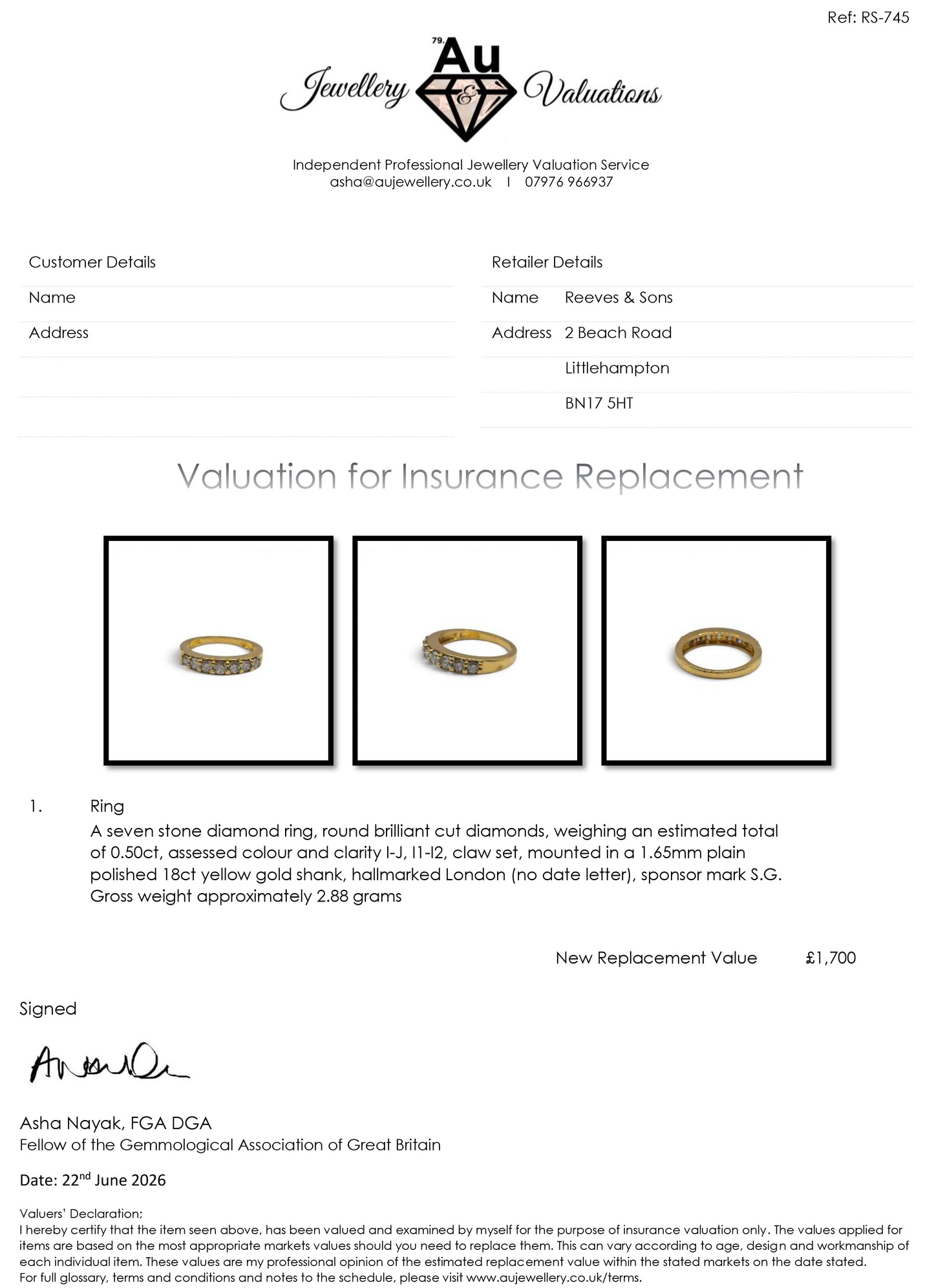 18ct yellow gold 7-stone diamond eternity ring by Reeves and Sons, showcasing sparkling diamonds and elegant design.