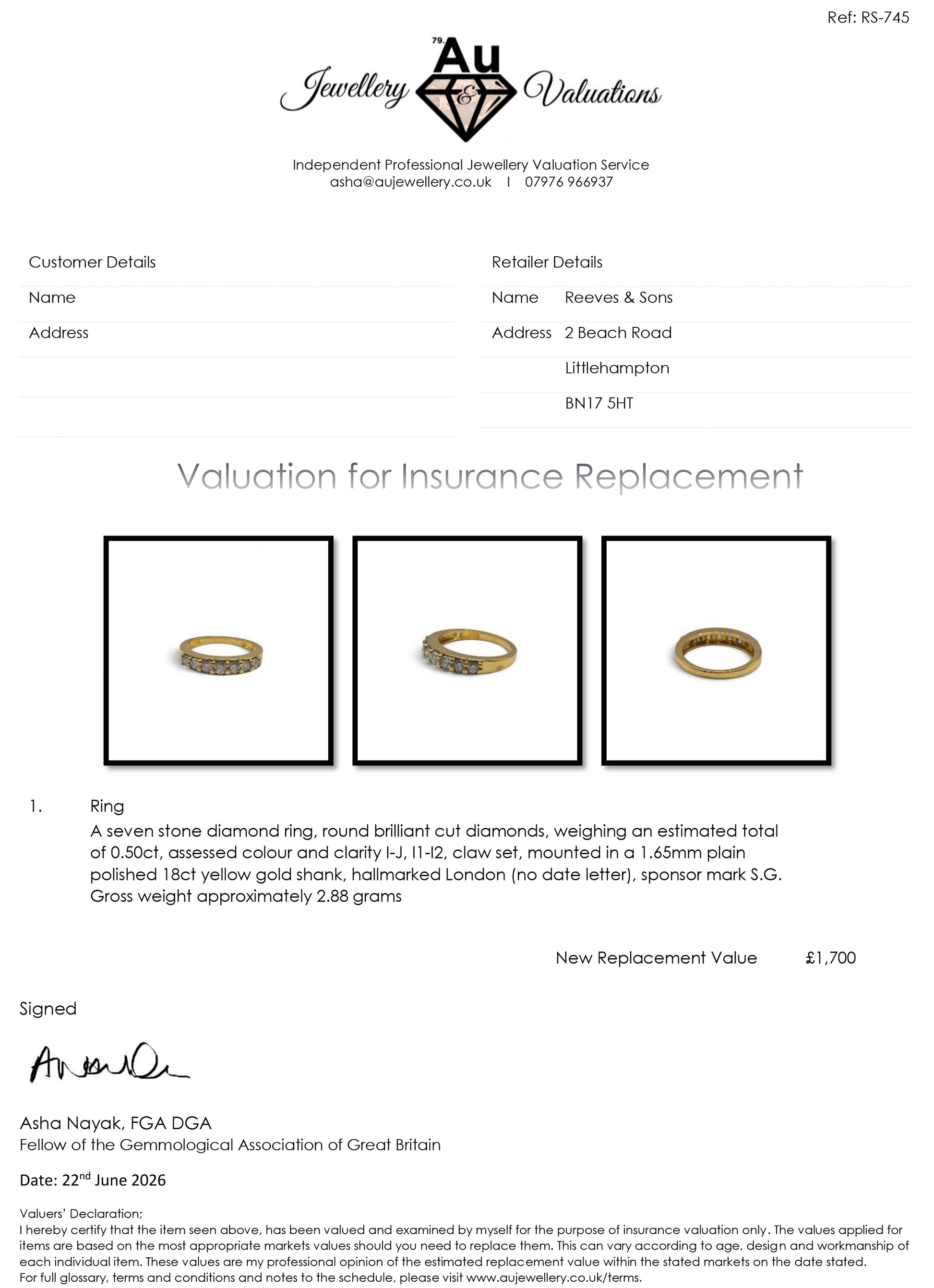 18ct yellow gold 7-stone diamond eternity ring by Reeves and Sons, showcasing sparkling diamonds and elegant design.
