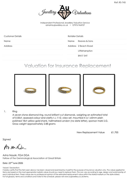 18ct yellow gold 7-stone diamond eternity ring by Reeves and Sons, showcasing sparkling diamonds and elegant design.