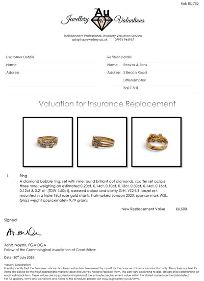 18ct rose gold diamond bubble ring by Reeves and Sons featuring a unique textured design and sparkling diamond accents.