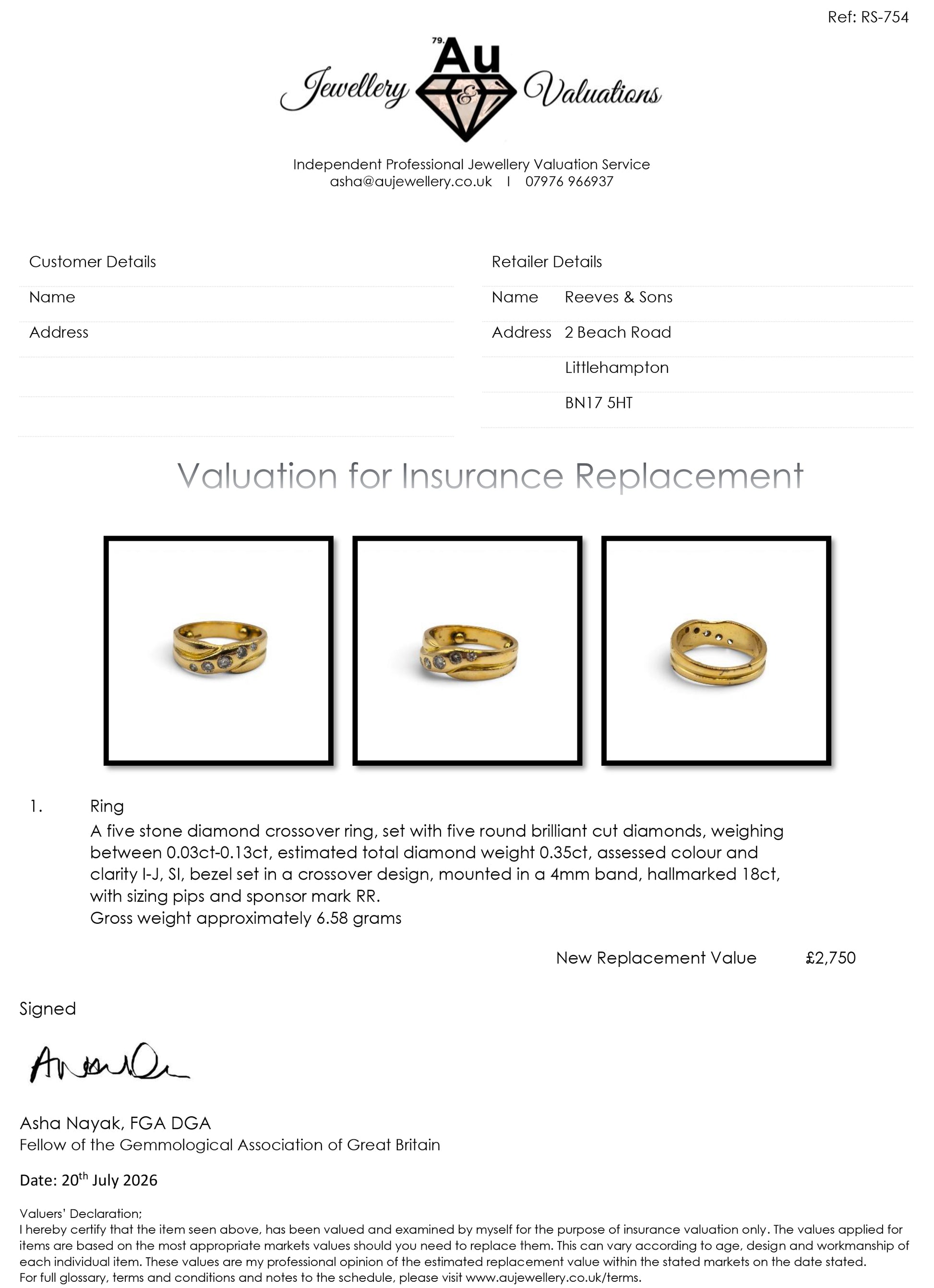 18ct yellow gold diamond crossover ring by Reeves and Sons, featuring sparkling diamonds and elegant design.