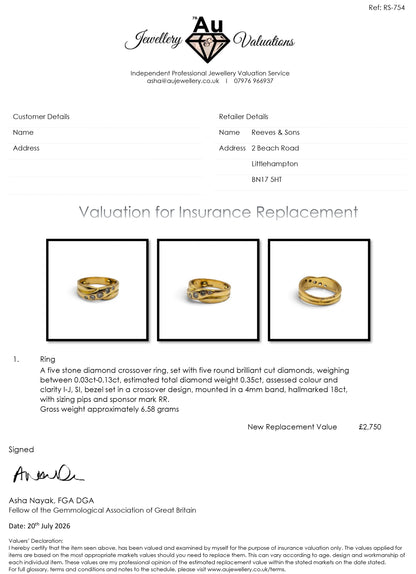 18ct yellow gold diamond crossover ring by Reeves and Sons, featuring sparkling diamonds and elegant design.