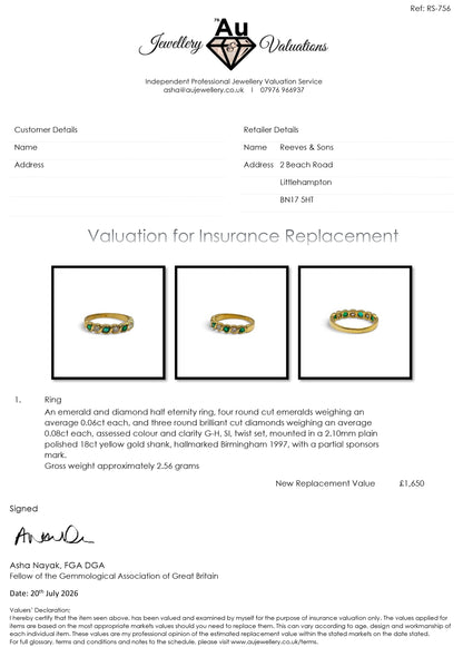 18ct yellow gold half eternity ring with emeralds and diamonds sh25577l