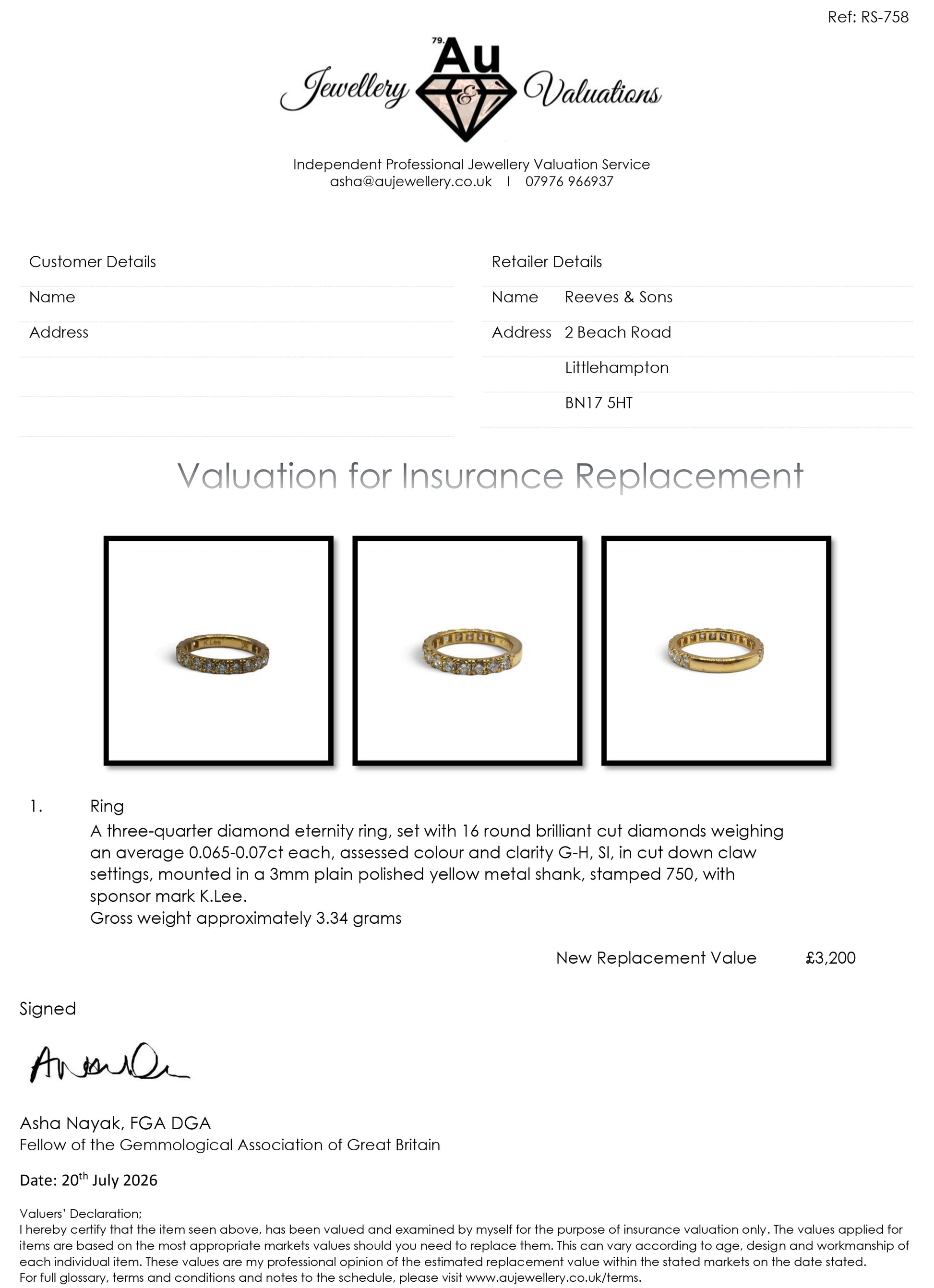 18ct yellow gold diamond eternity ring by Reeves and Sons, featuring sparkling diamonds set in a continuous band.